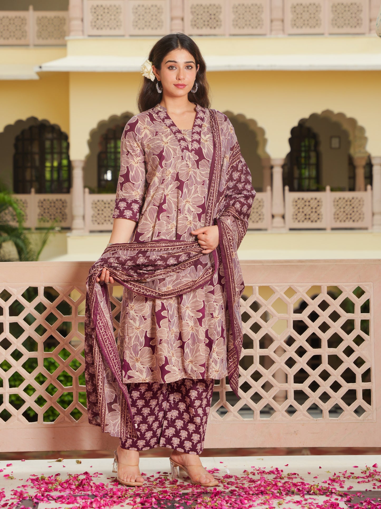 Cotton Voile Floral Wine Dupatta