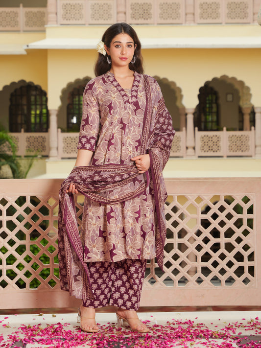 Cotton Voile Floral Wine Dupatta