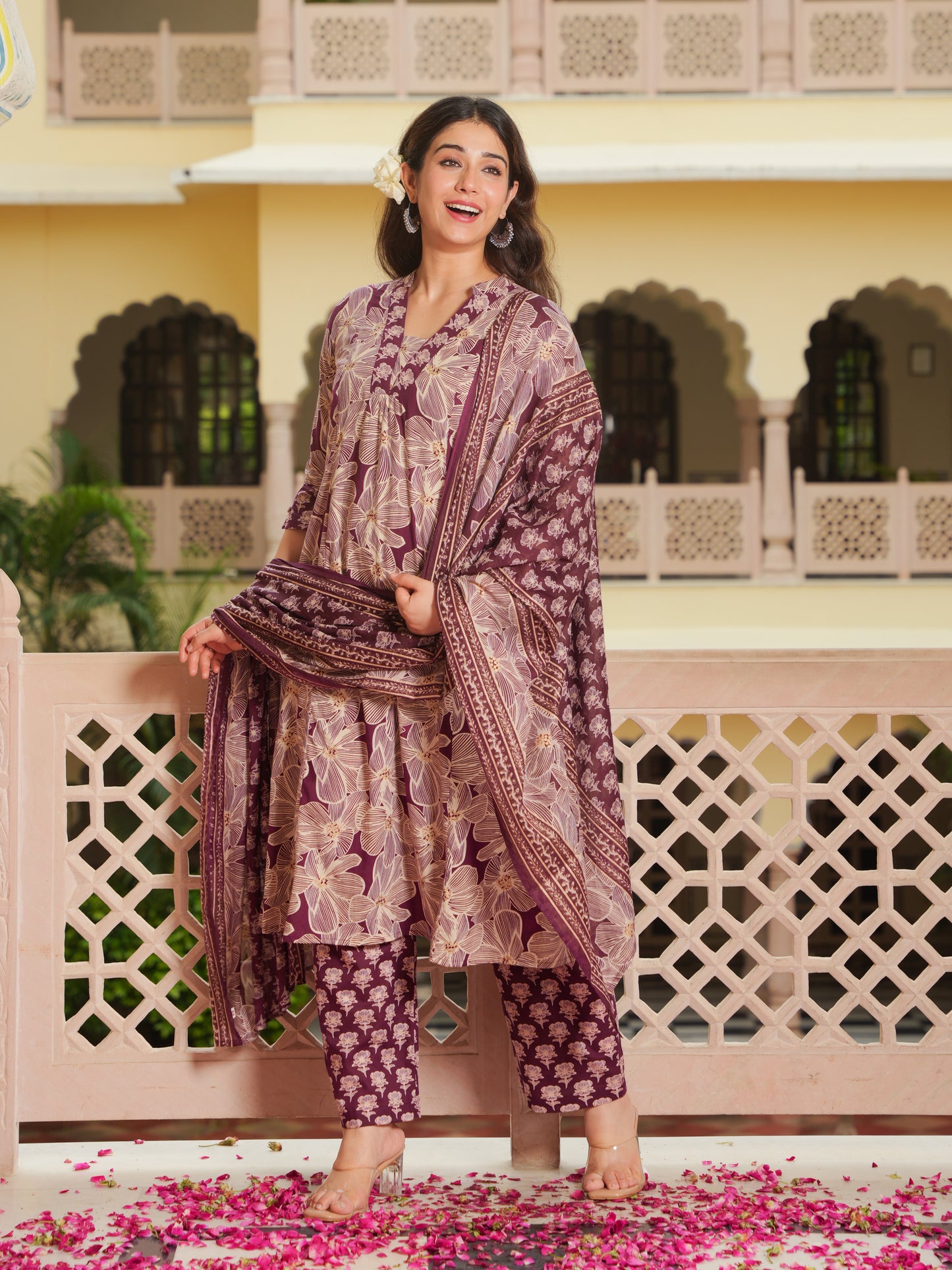 Cotton Voile Floral Wine Dupatta