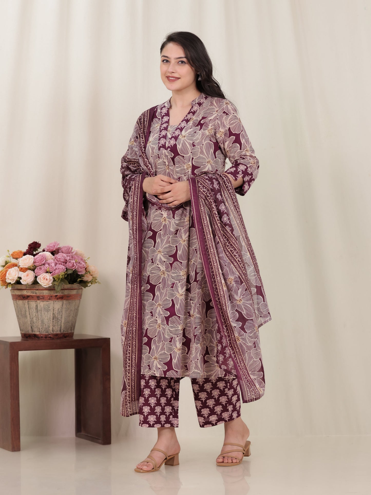 Cotton Voile Floral Wine Dupatta