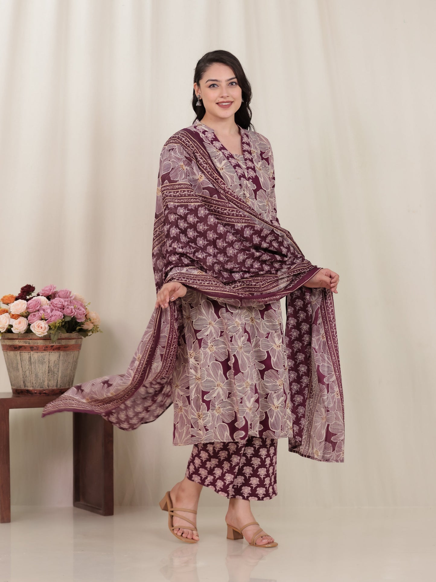 Soft Cotton Floral Flared Beige Kurta