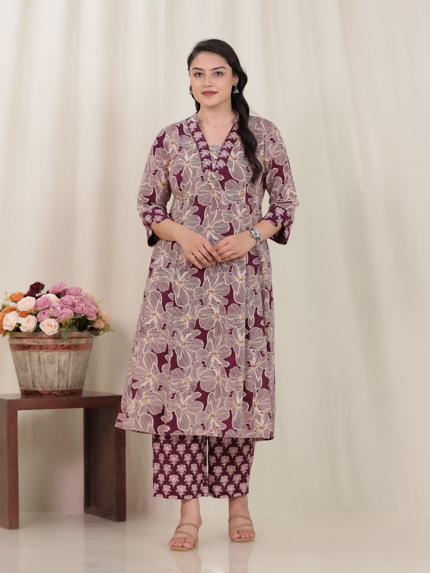 Soft Cotton Floral Flared Beige Kurta