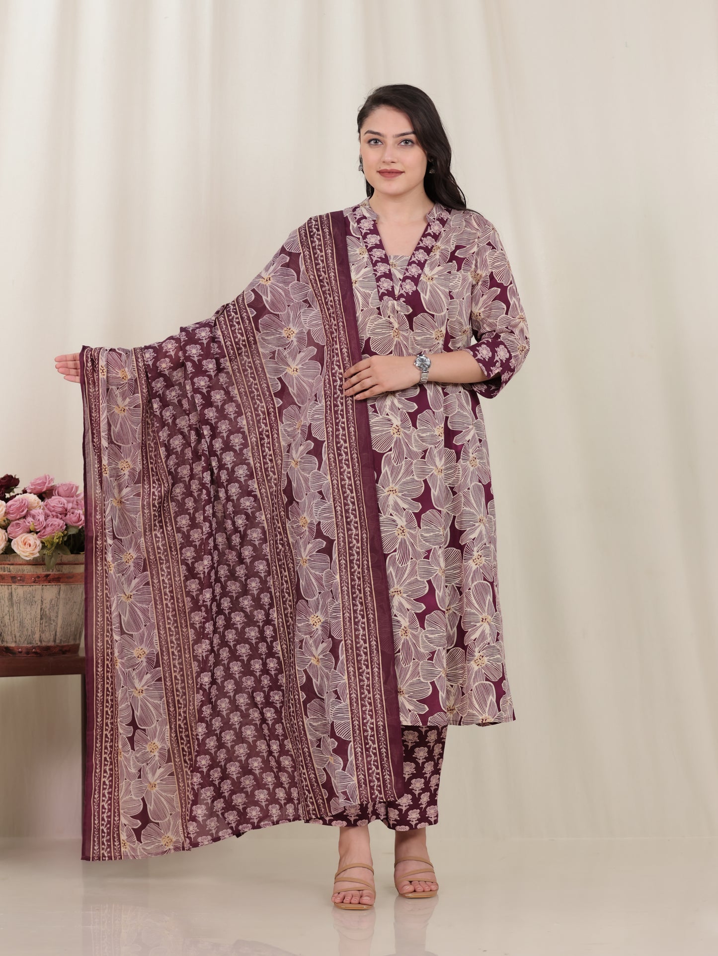 Soft Cotton Floral Flared Beige Kurta