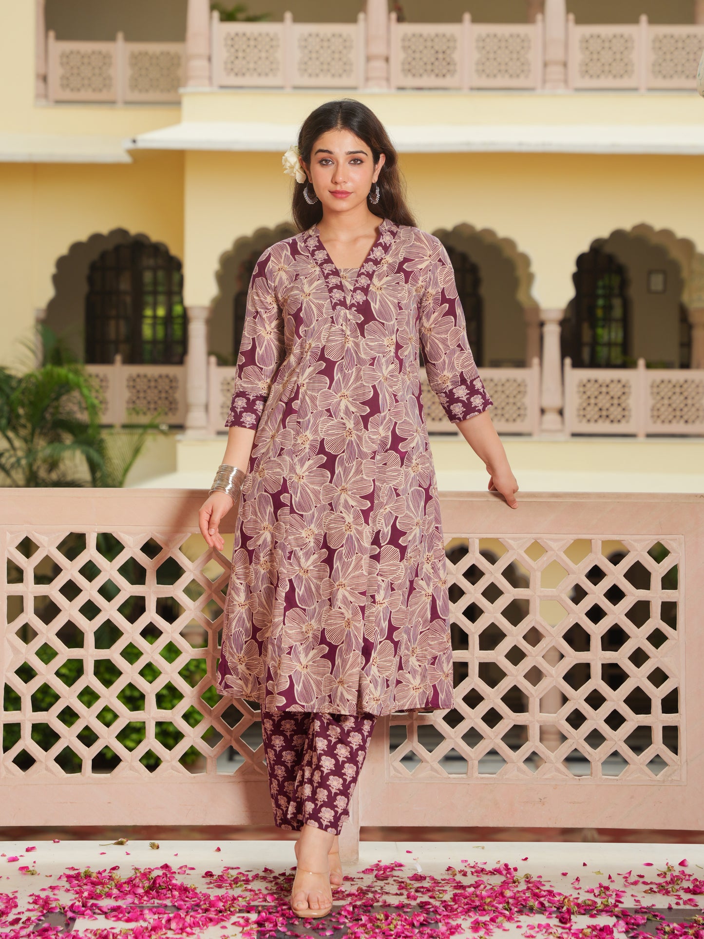 Soft Cotton Floral Flared Beige Kurta