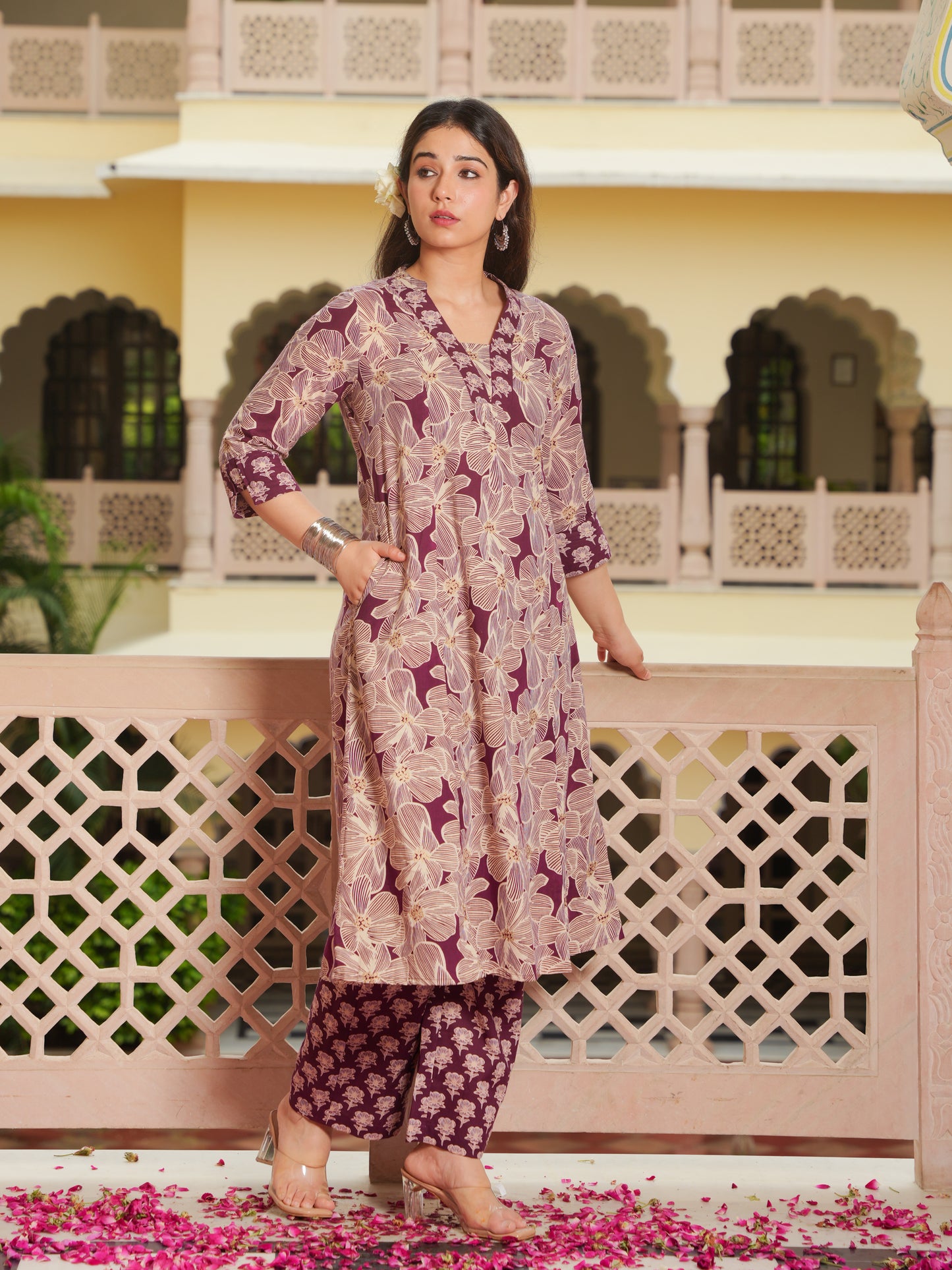 Soft Cotton Floral Flared Beige Kurta