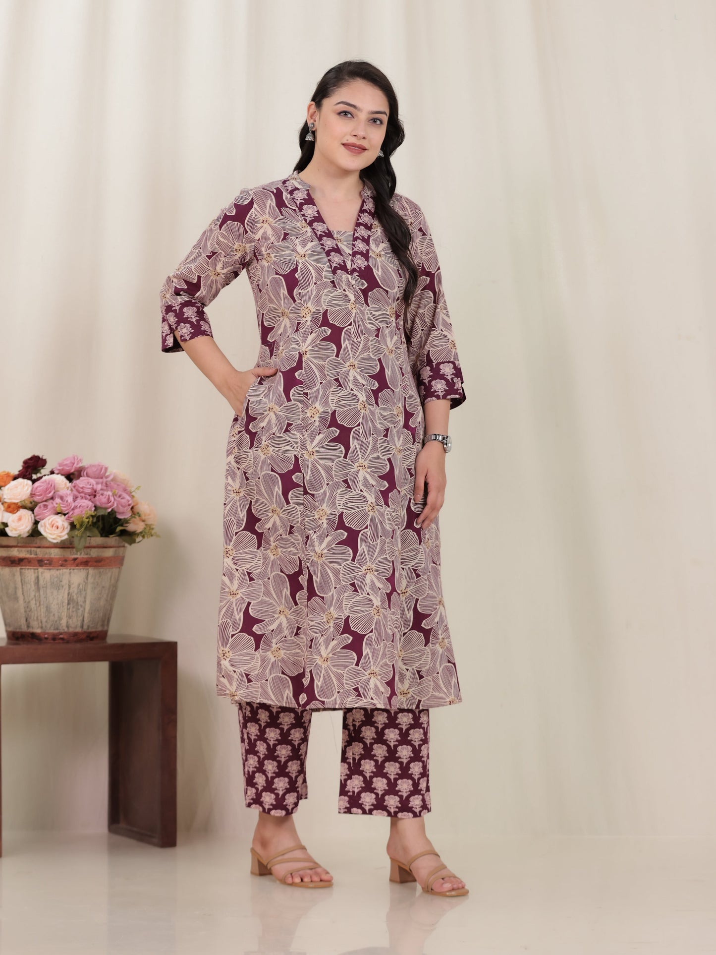 Soft Cotton Floral Flared Beige Kurta