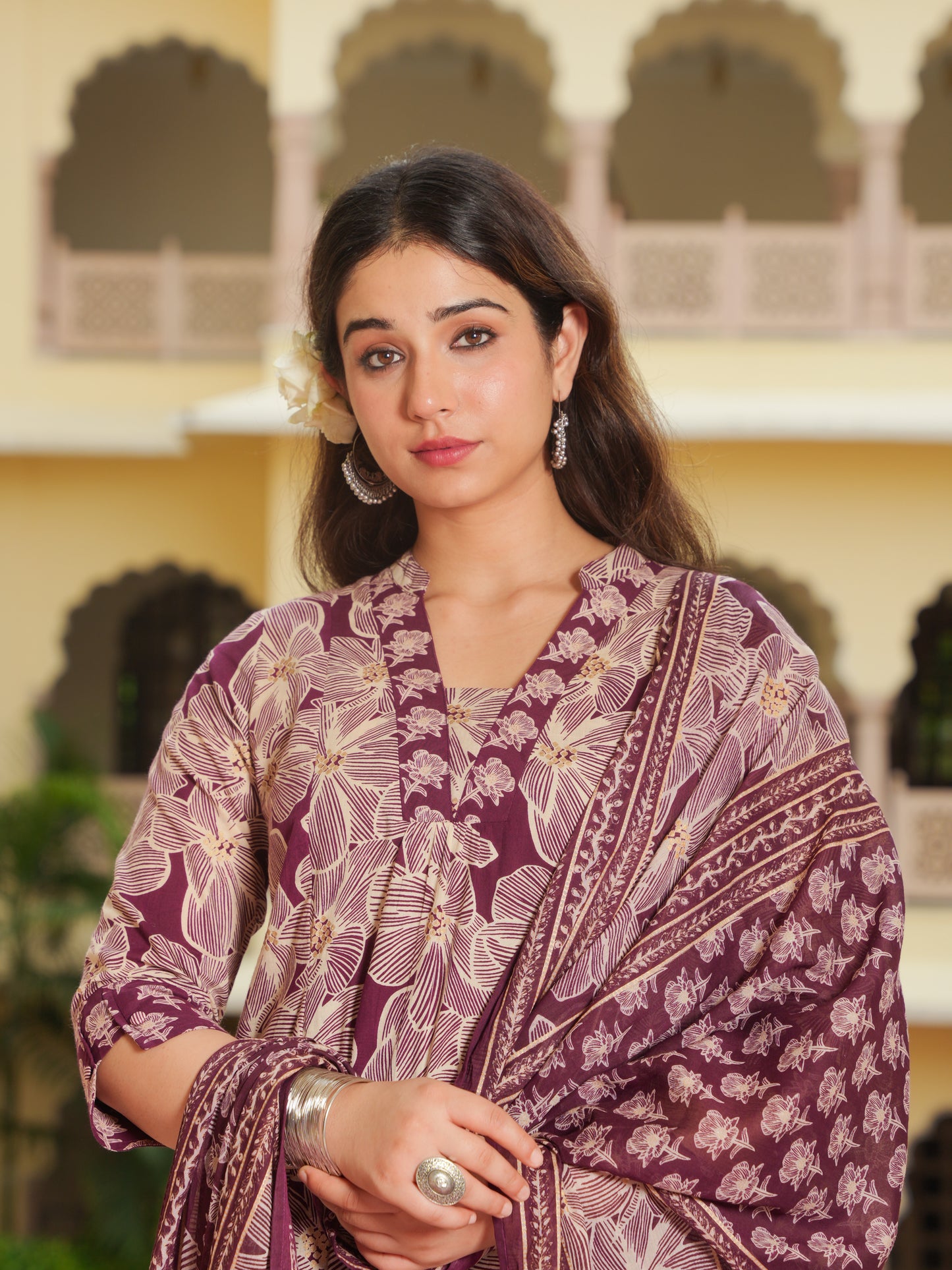 Soft Cotton Floral Flared Beige Kurta