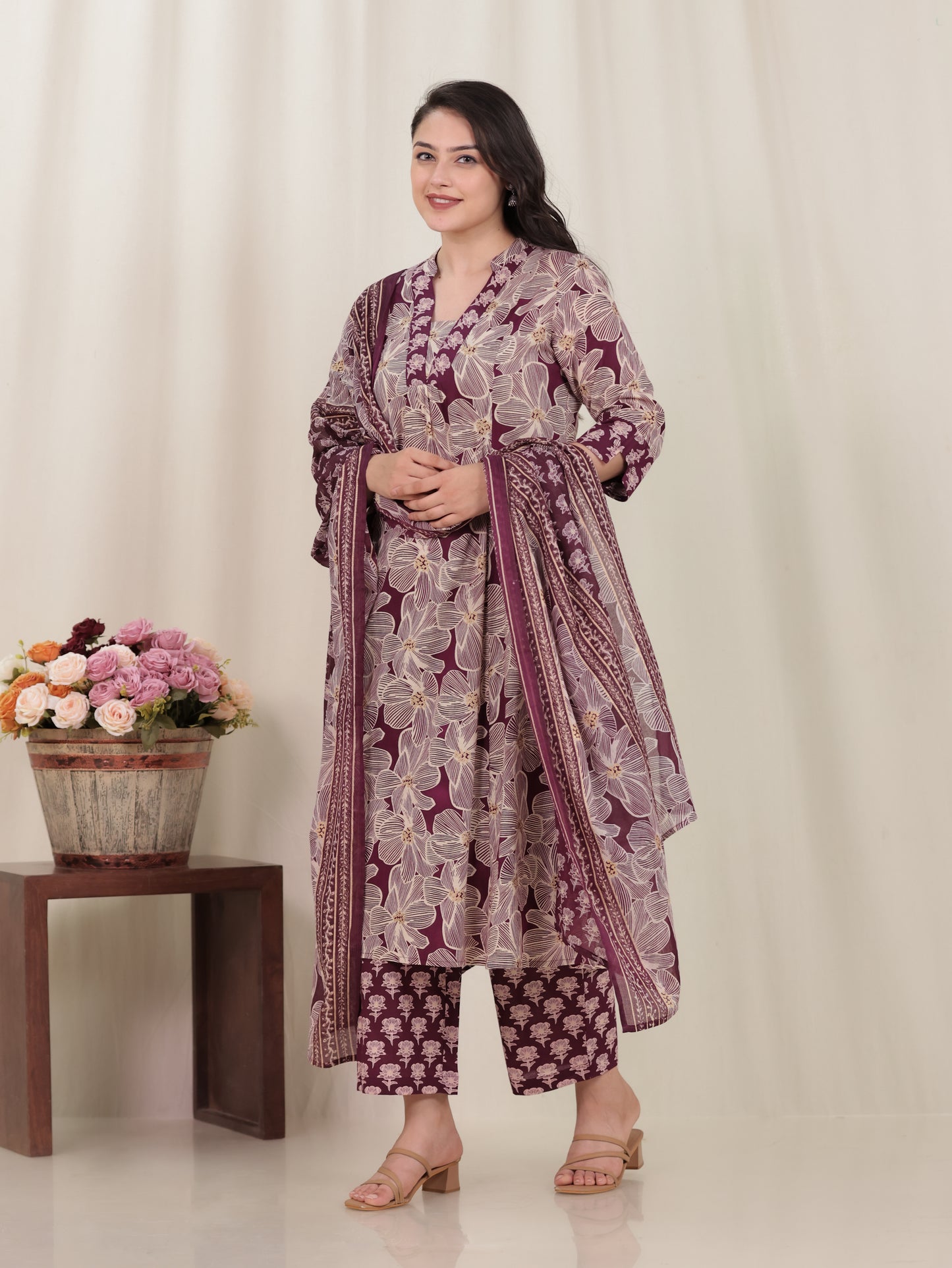 Soft Cotton Floral Flared Beige Kurta