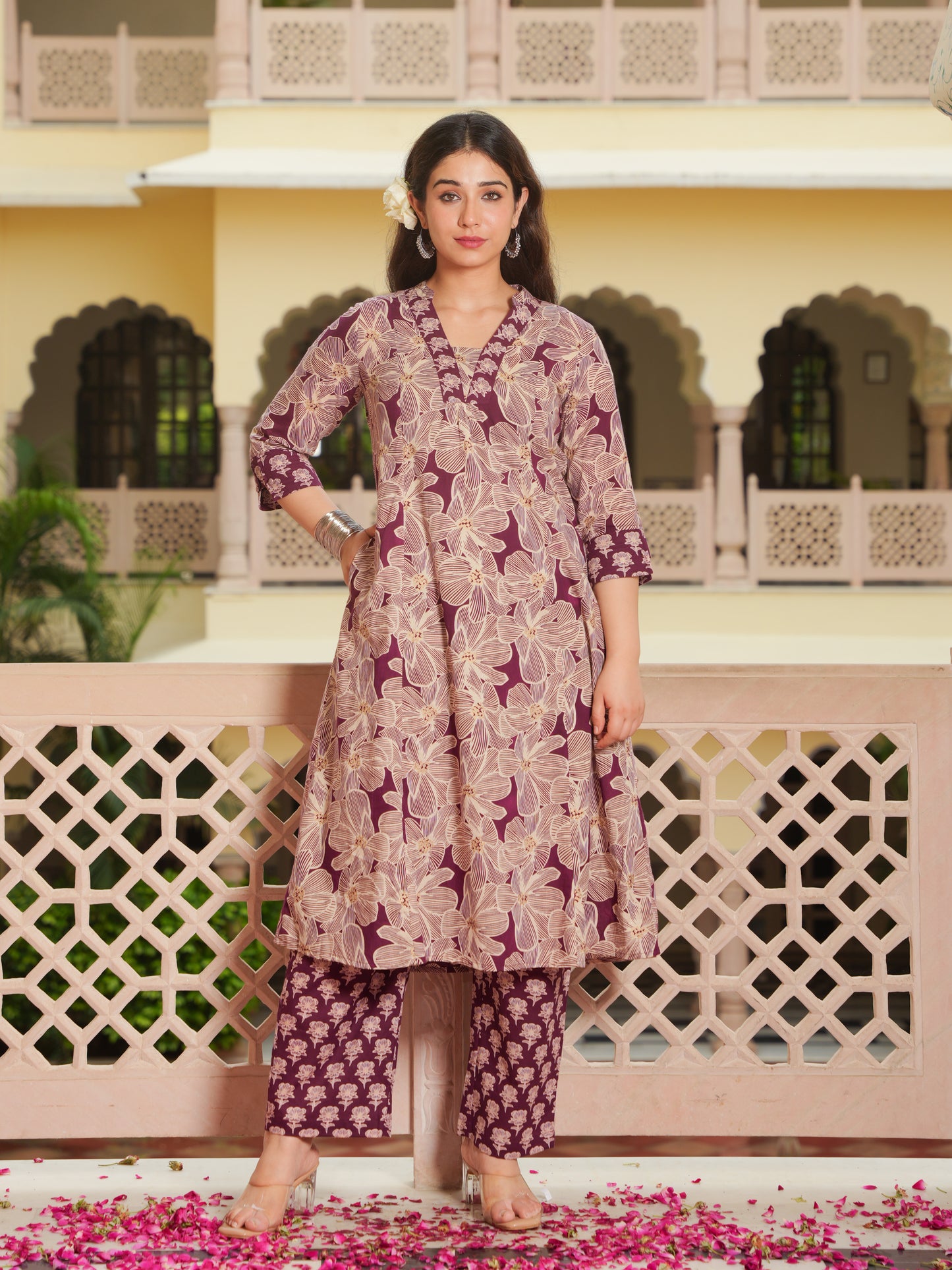 Soft Cotton Floral Flared Beige Kurta