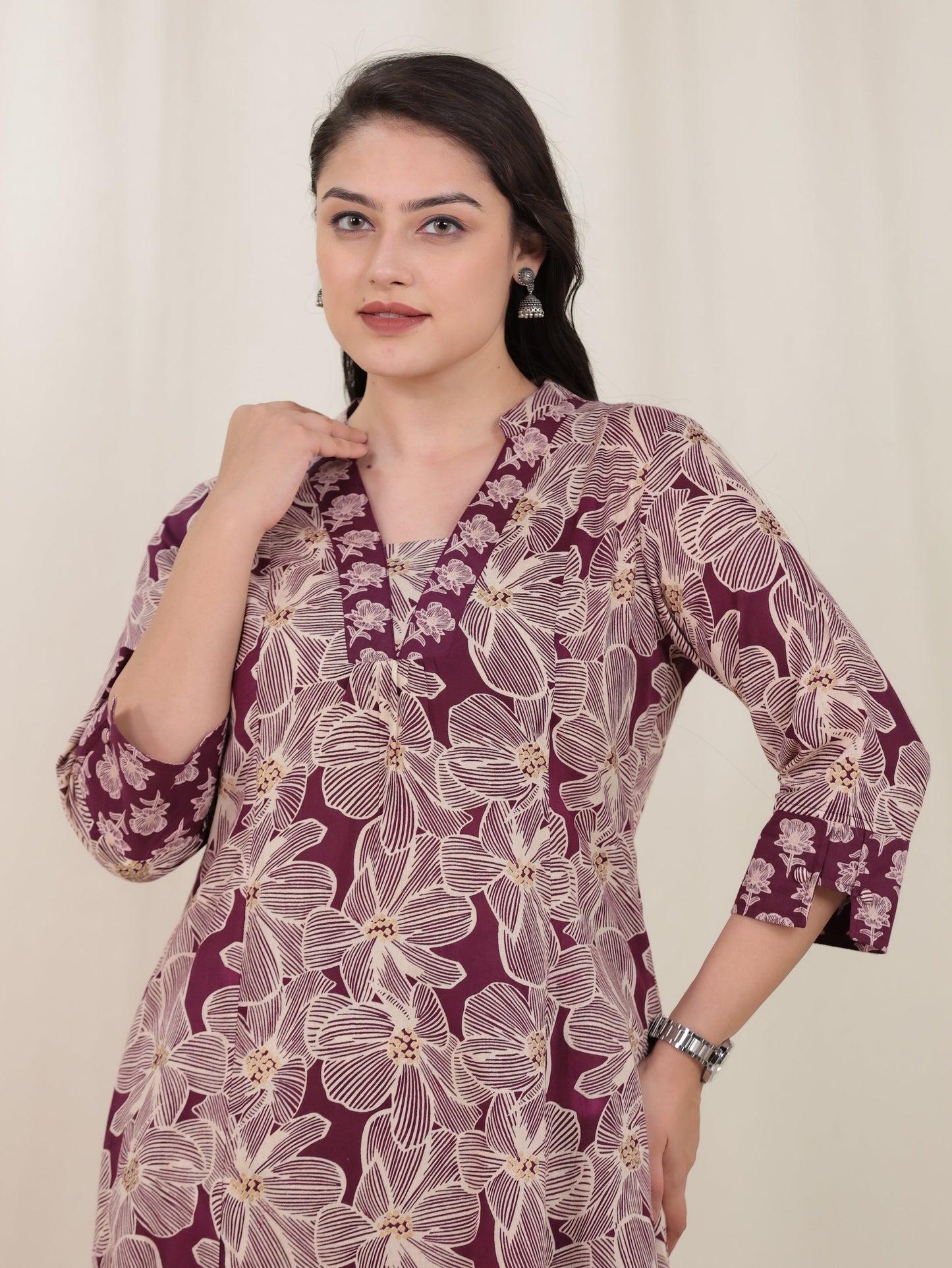 Soft Cotton Floral Flared Beige Kurta