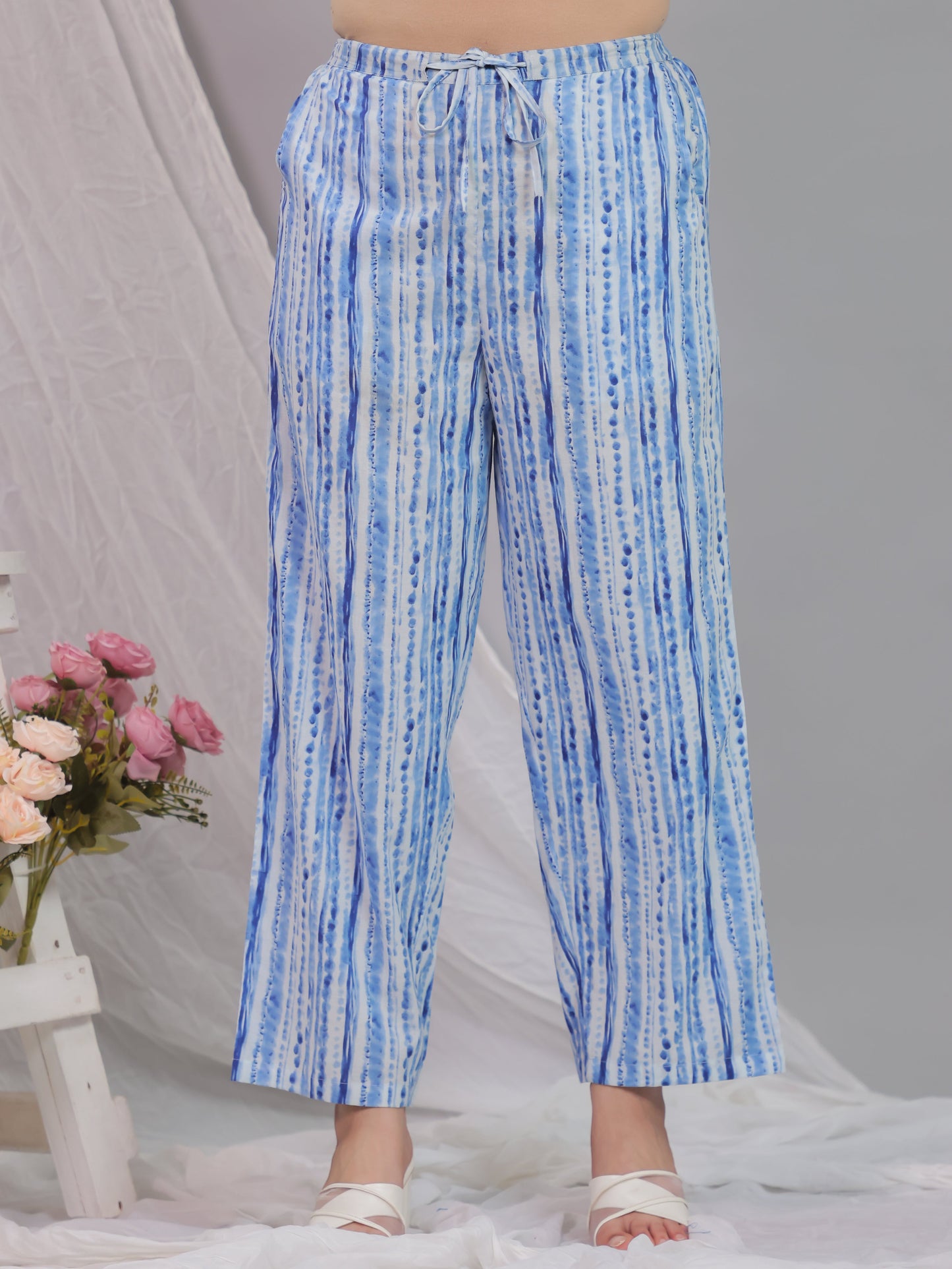 Soft Cotton Striped Baby Blue Straight Trousers