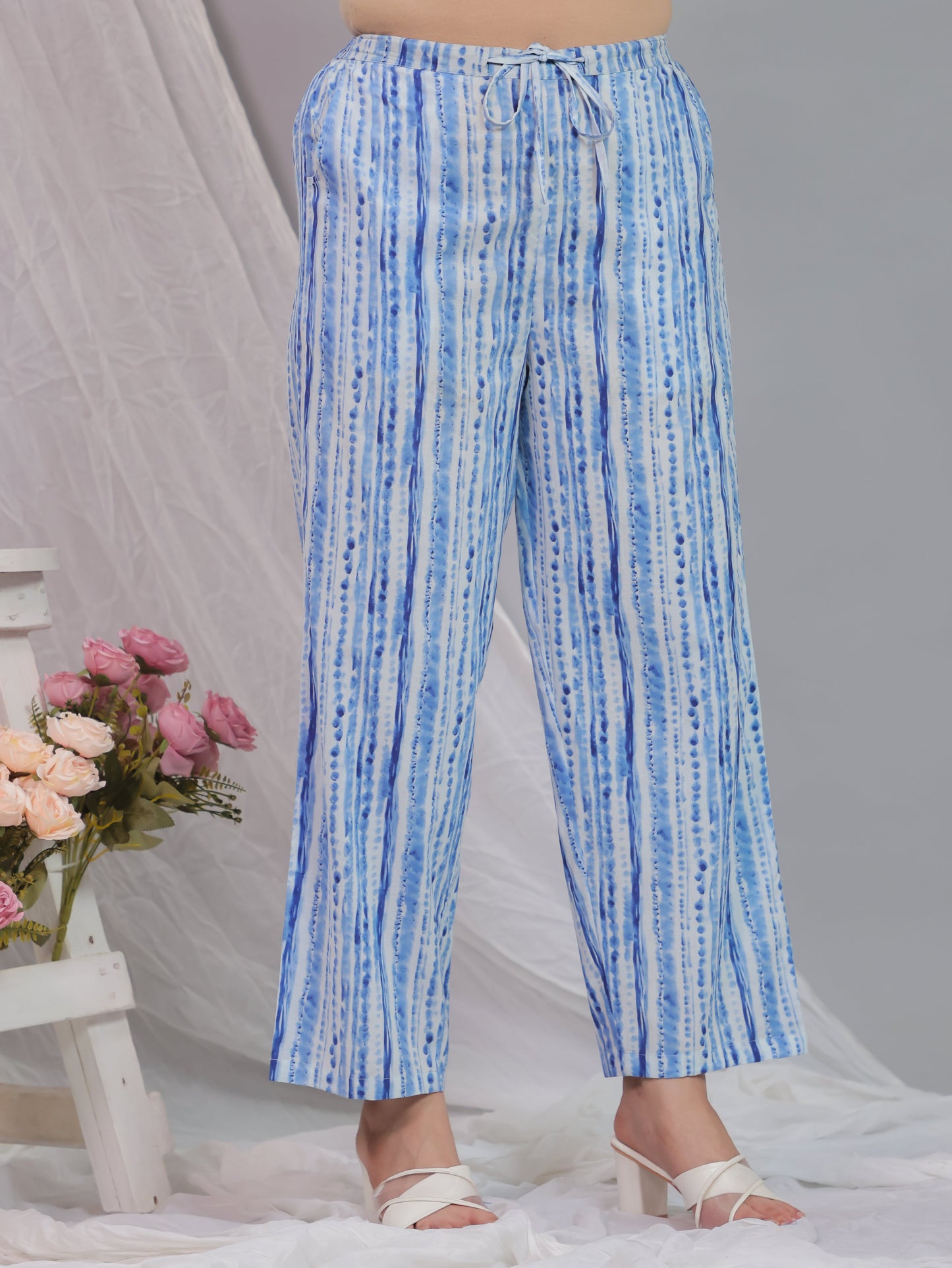 Soft Cotton Striped Baby Blue Straight Trousers