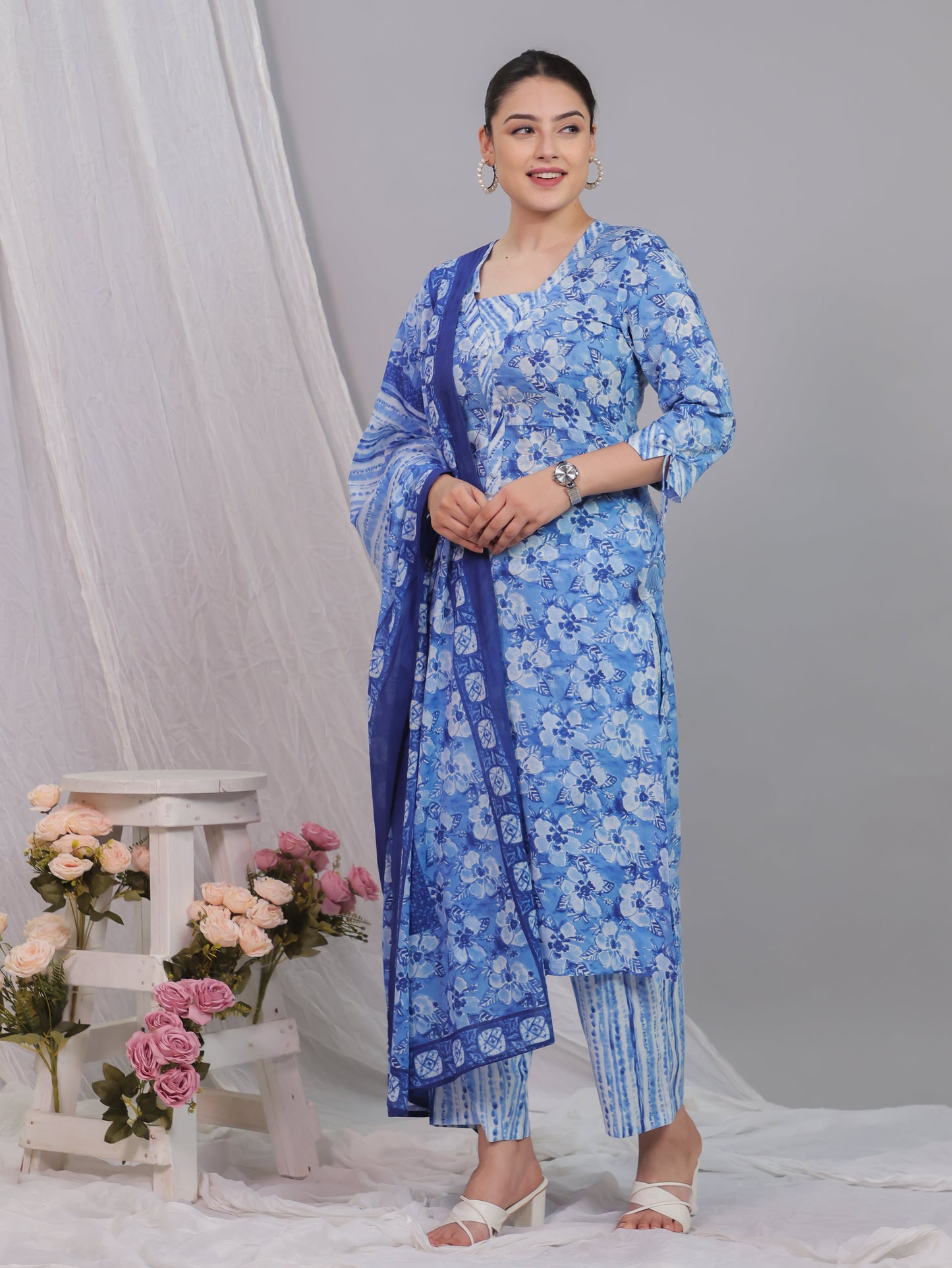 Soft Cotton Floral Straight Baby Blue Kurta