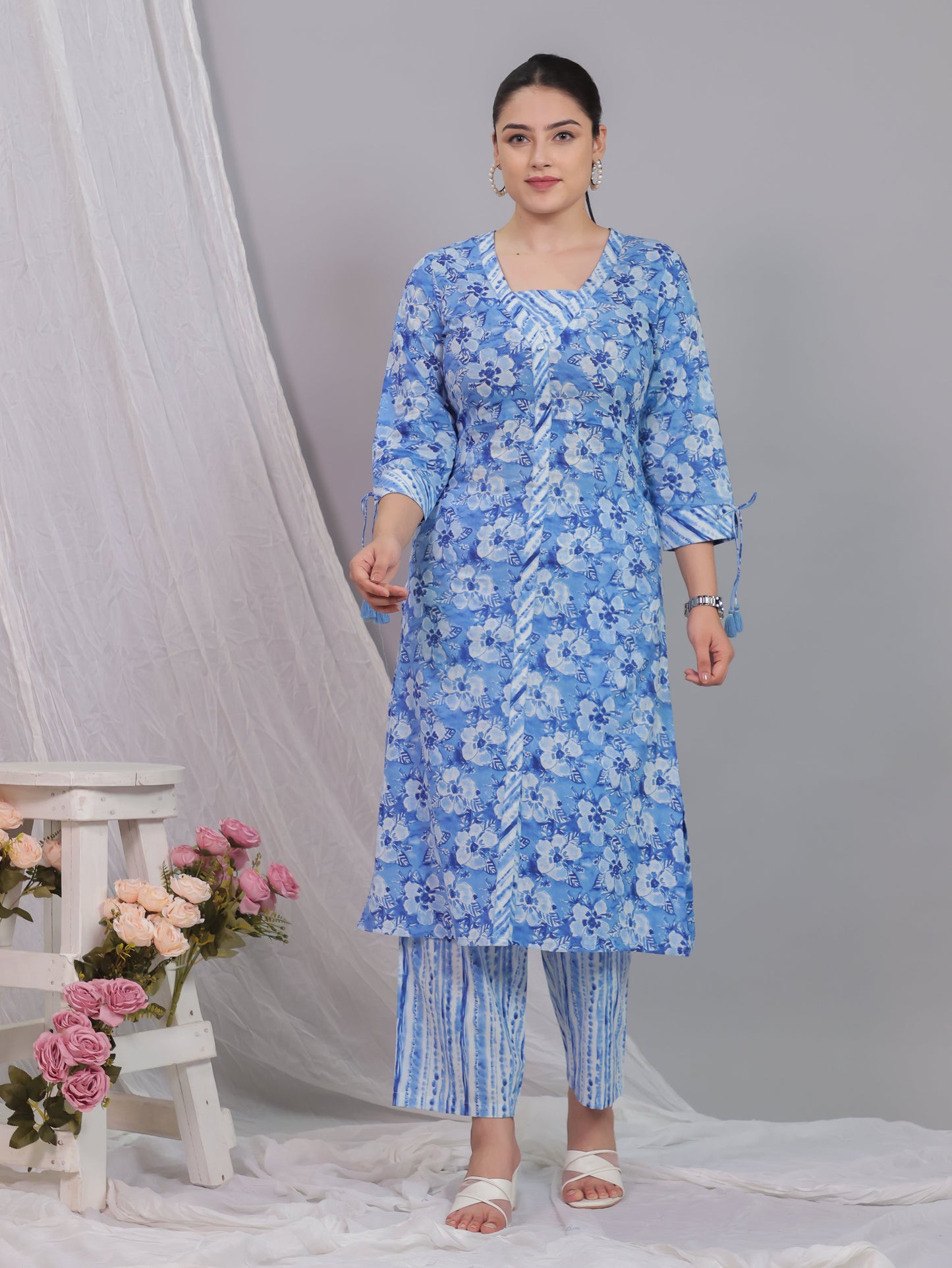 Soft Cotton Floral Straight Baby Blue Kurta