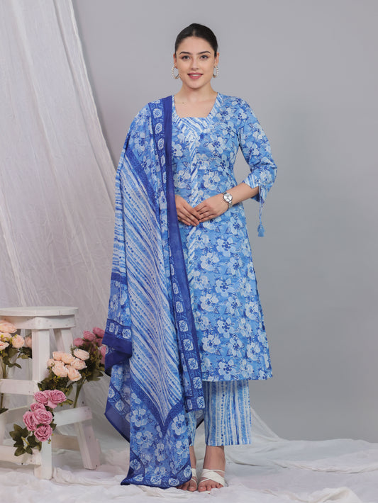 Soft Cotton Floral Straight Baby Blue Kurta