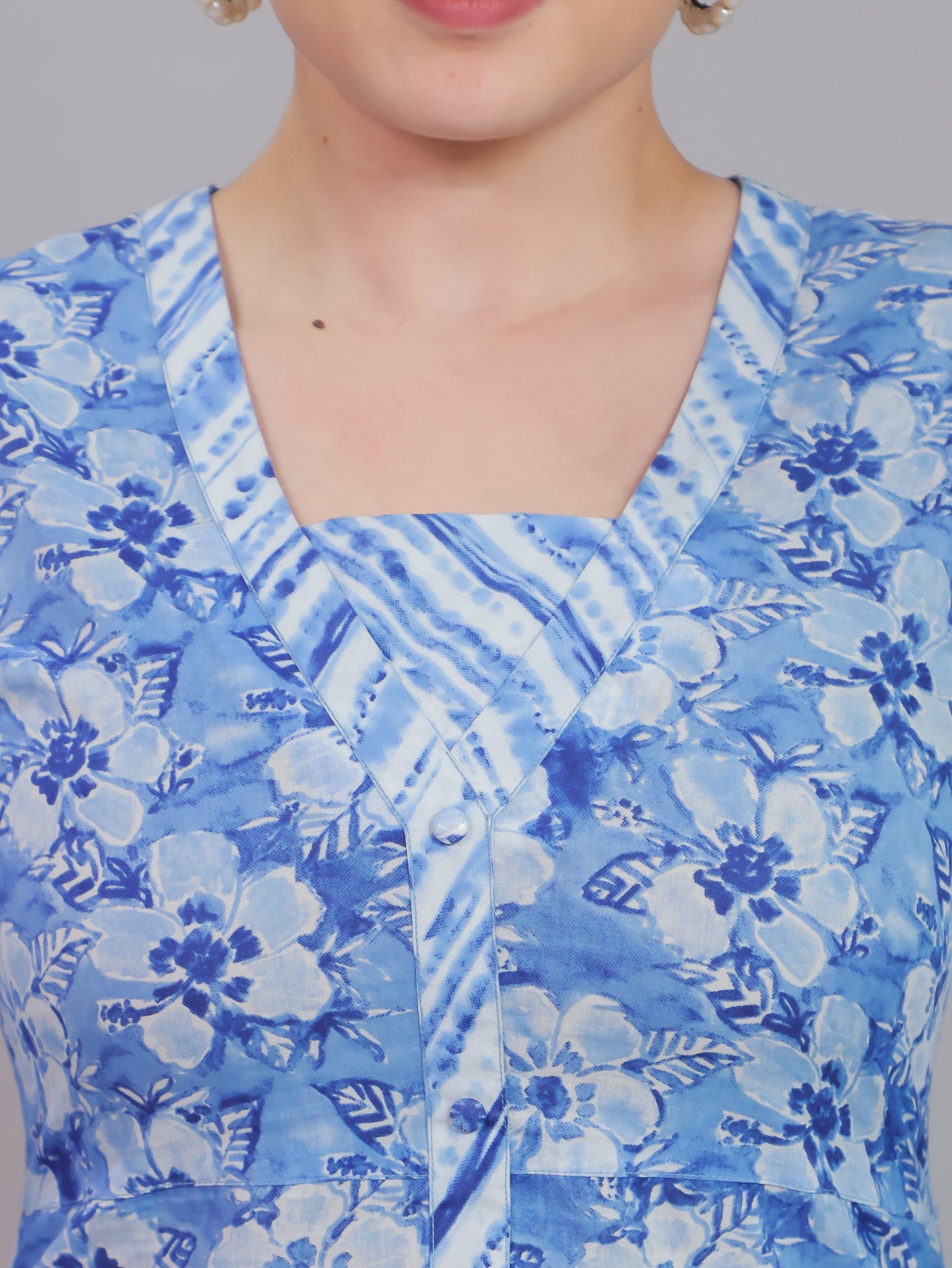 Soft Cotton Floral Straight Baby Blue Kurta