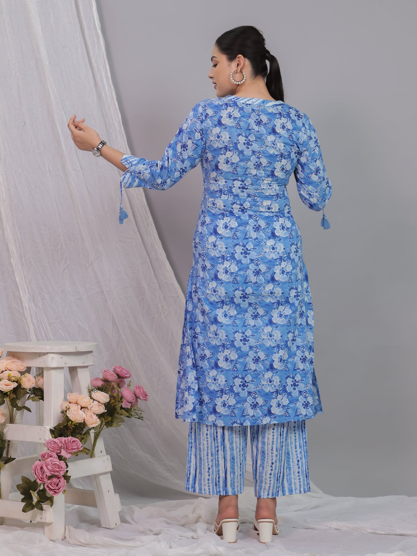 Soft Cotton Floral Straight Baby Blue Kurta