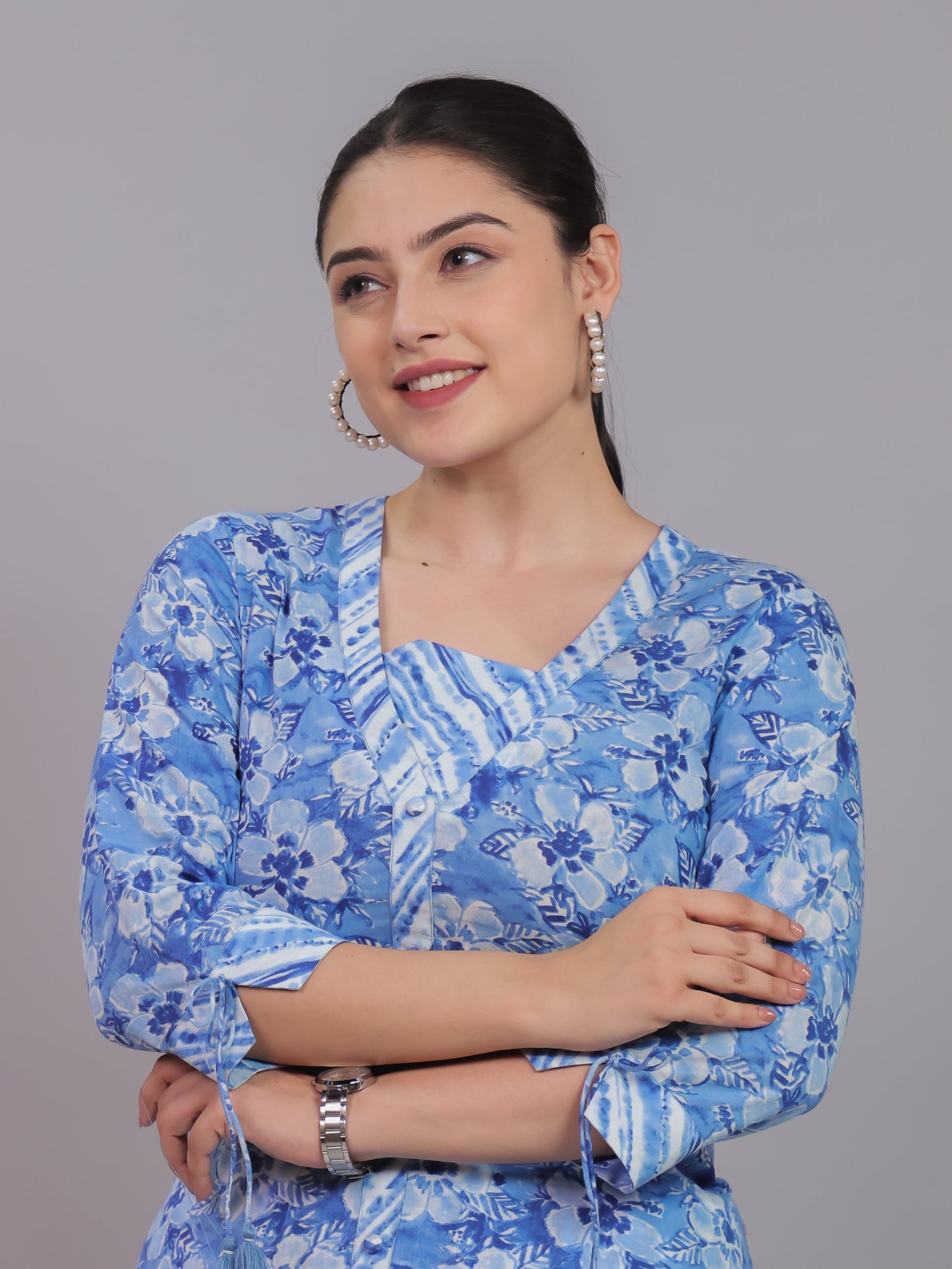 Soft Cotton Floral Straight Baby Blue Kurta
