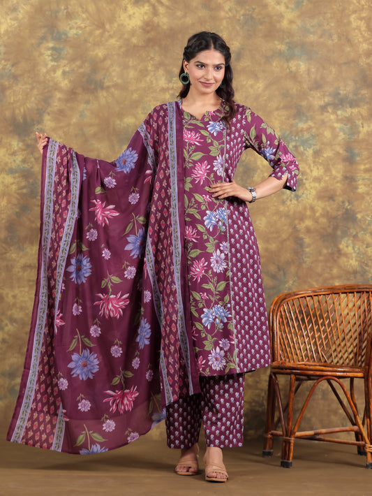 Cotton Voile Floral Wine Dupatta
