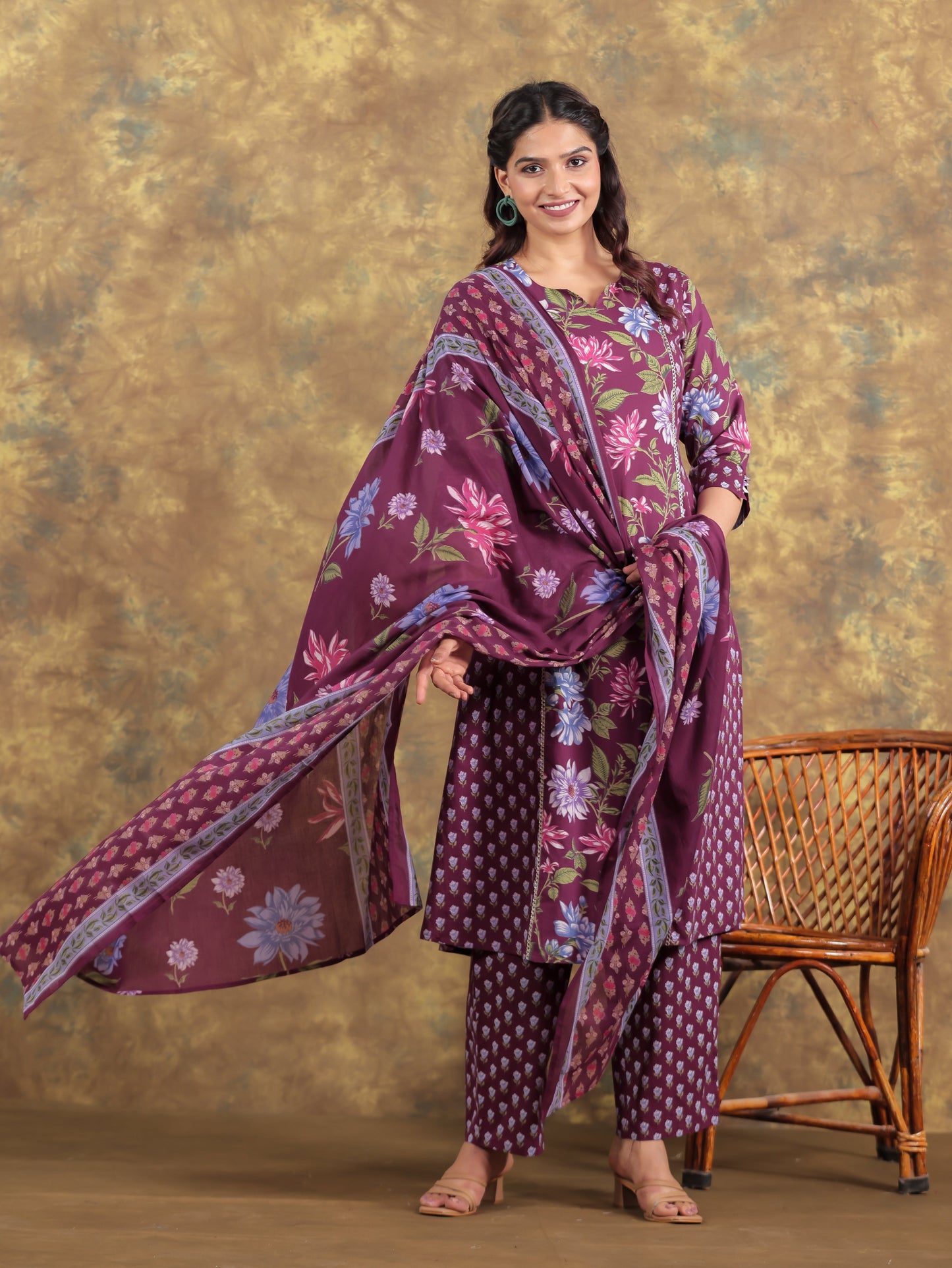 Cotton Voile Floral Wine Dupatta