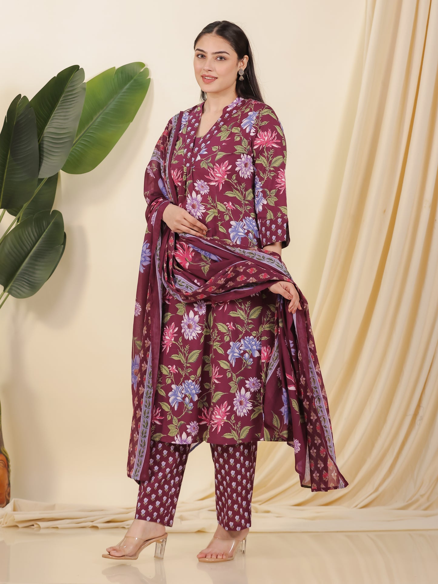 Soft Cotton Floral A-line Wine Kurta