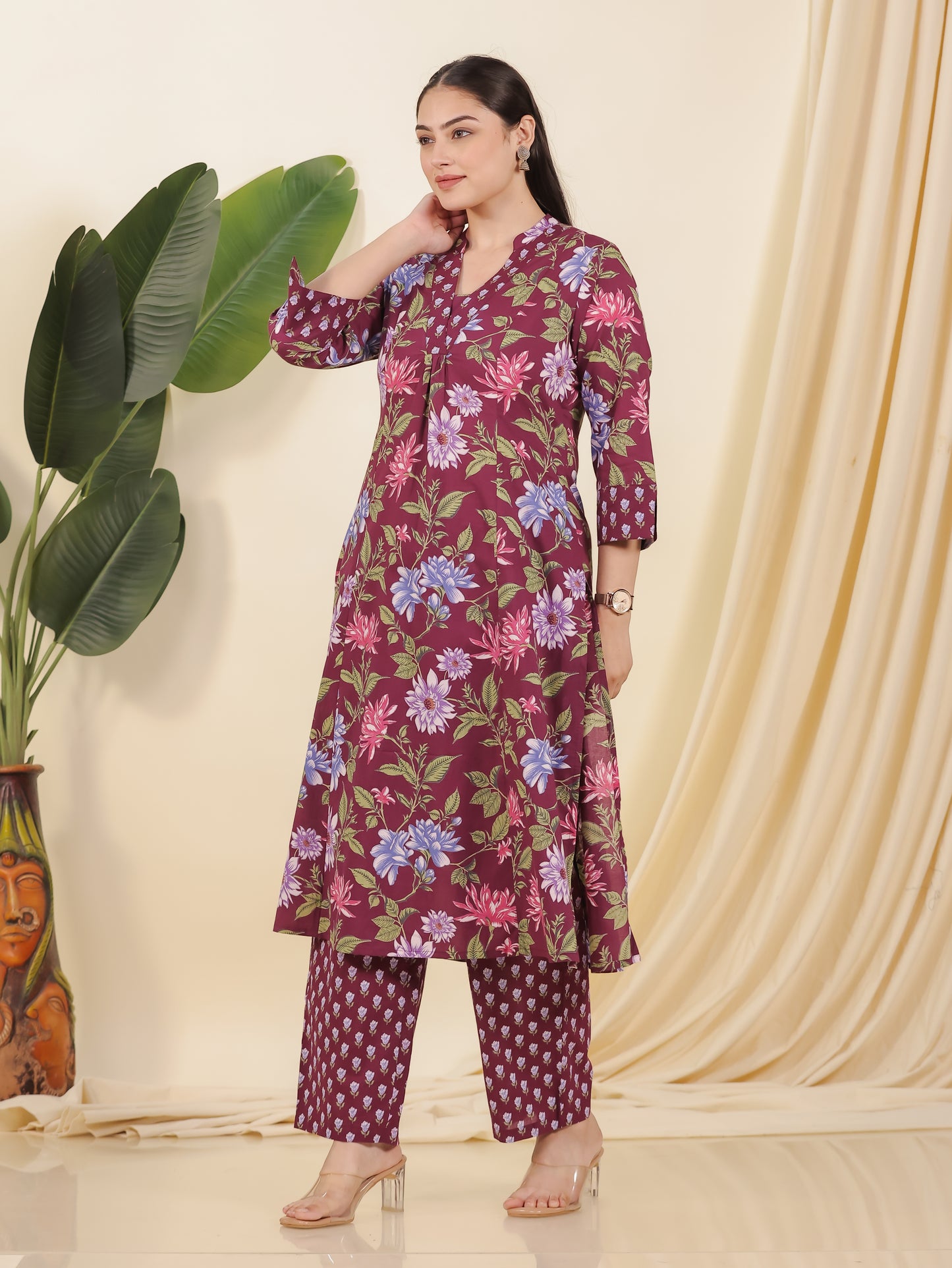 Soft Cotton Floral A-line Wine Kurta