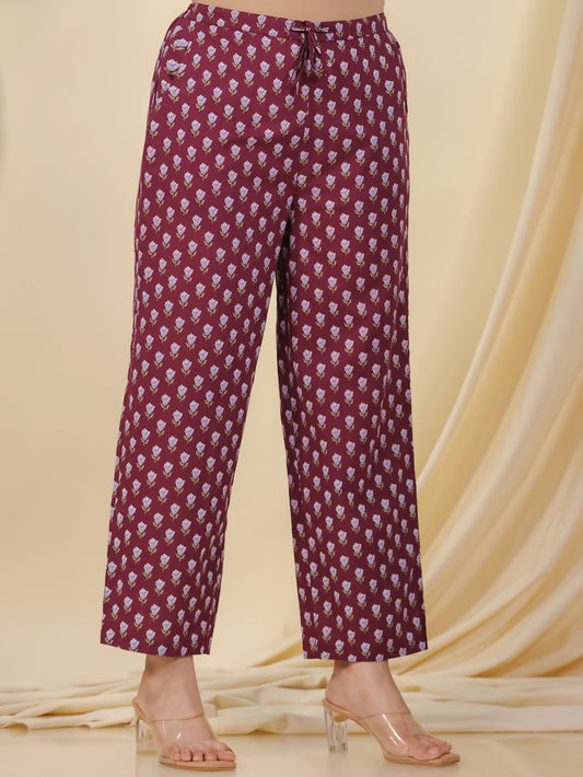 Soft Cotton Floral Wine Straight Trousers