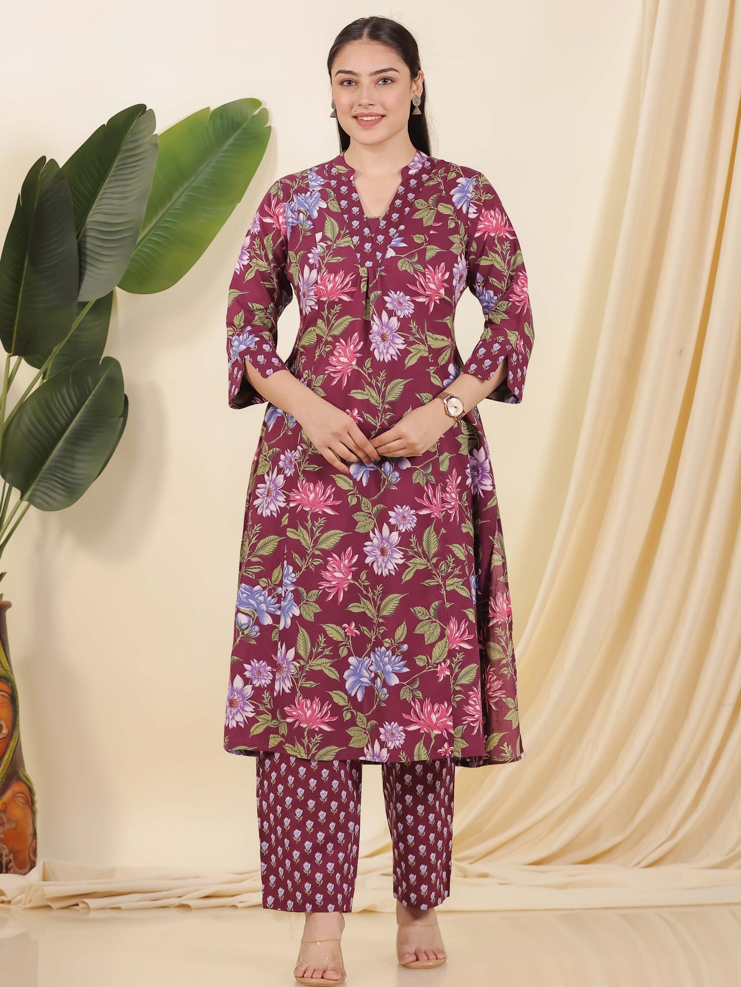 Soft Cotton Floral A-line Wine Kurta