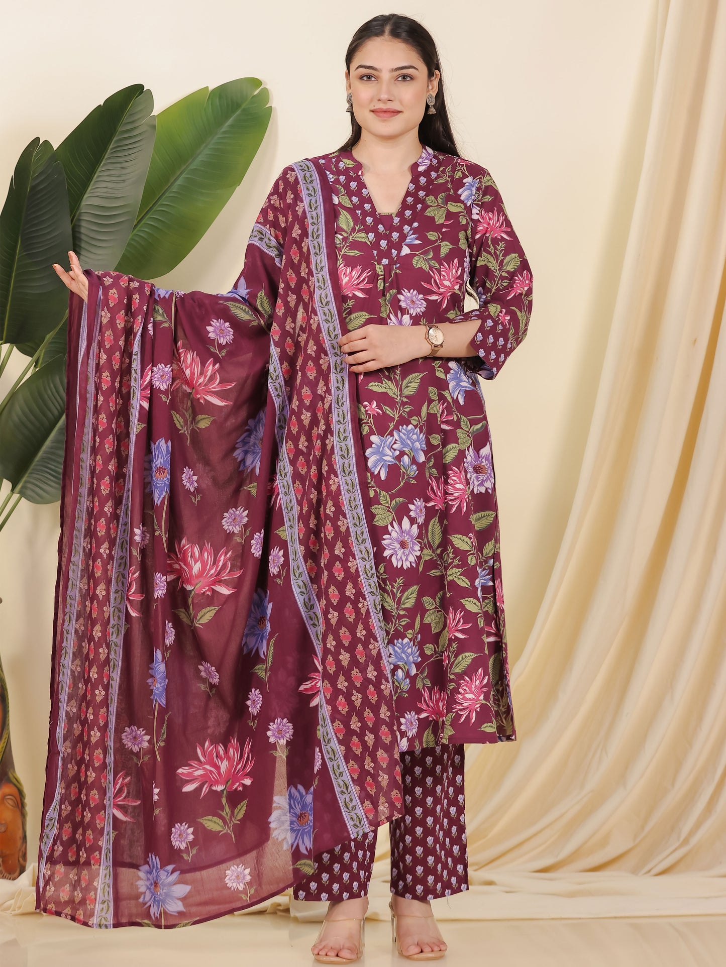 Soft Cotton Floral A-line Wine Kurta