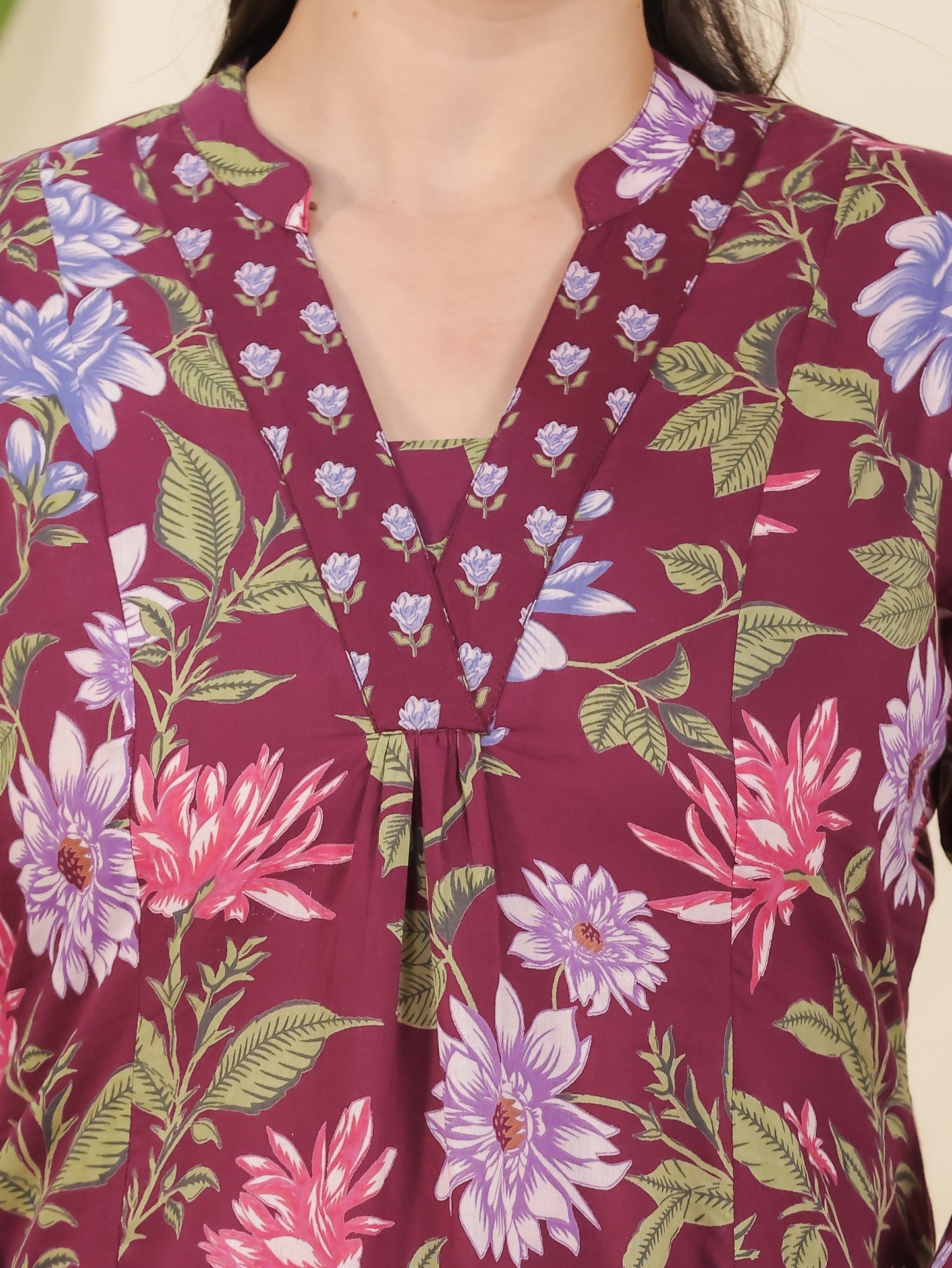 Soft Cotton Floral A-line Wine Kurta