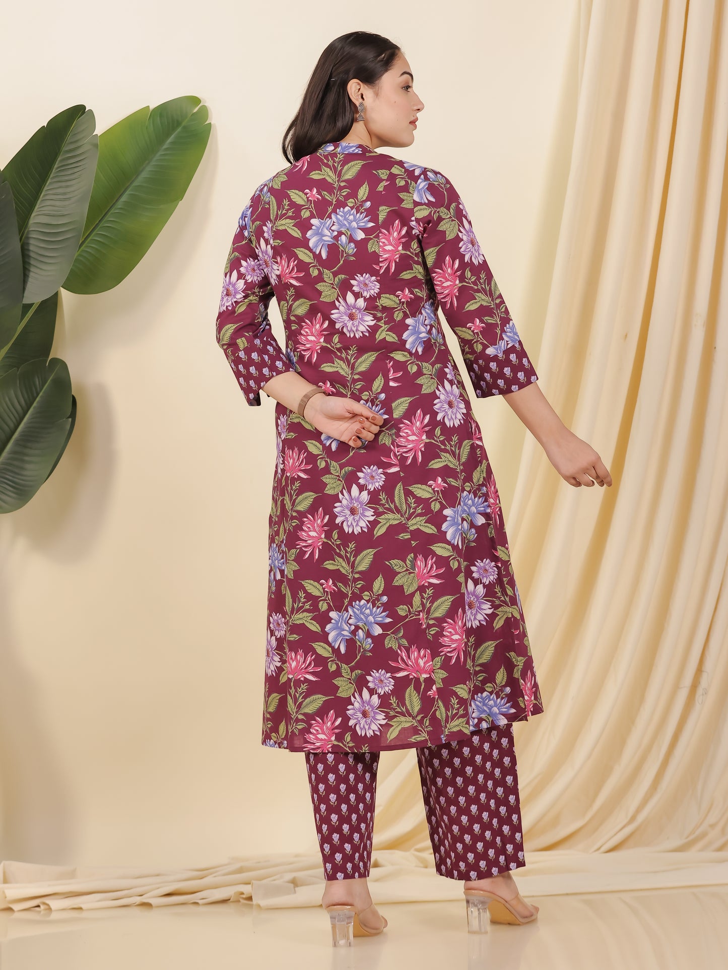 Soft Cotton Floral A-line Wine Kurta