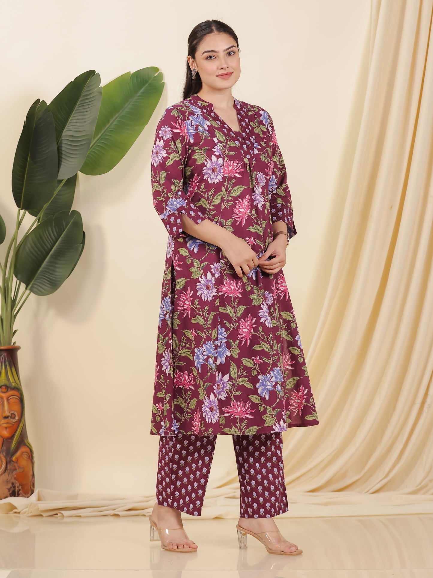 Soft Cotton Floral A-line Wine Kurta