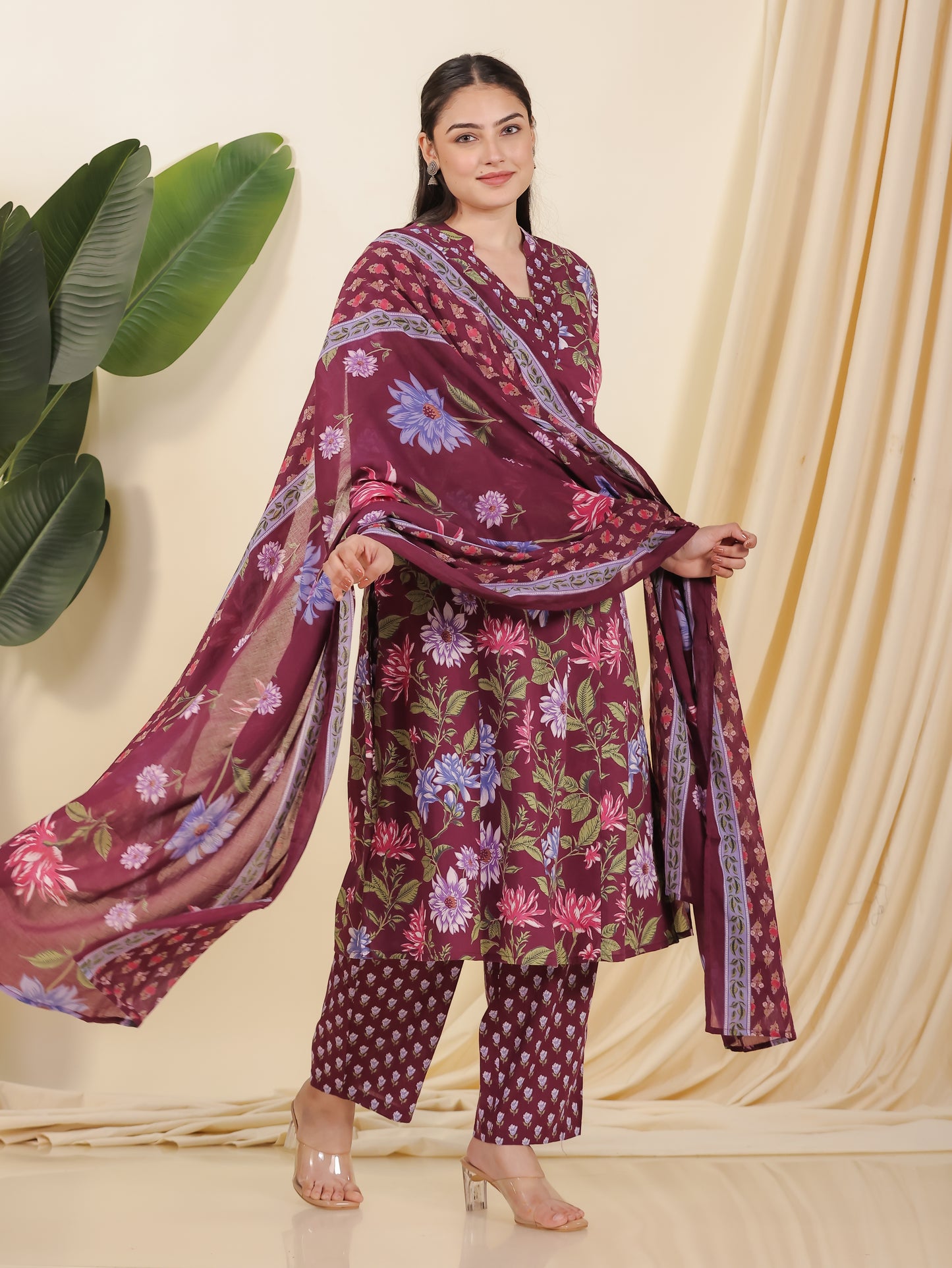 Soft Cotton Floral A-line Wine Kurta