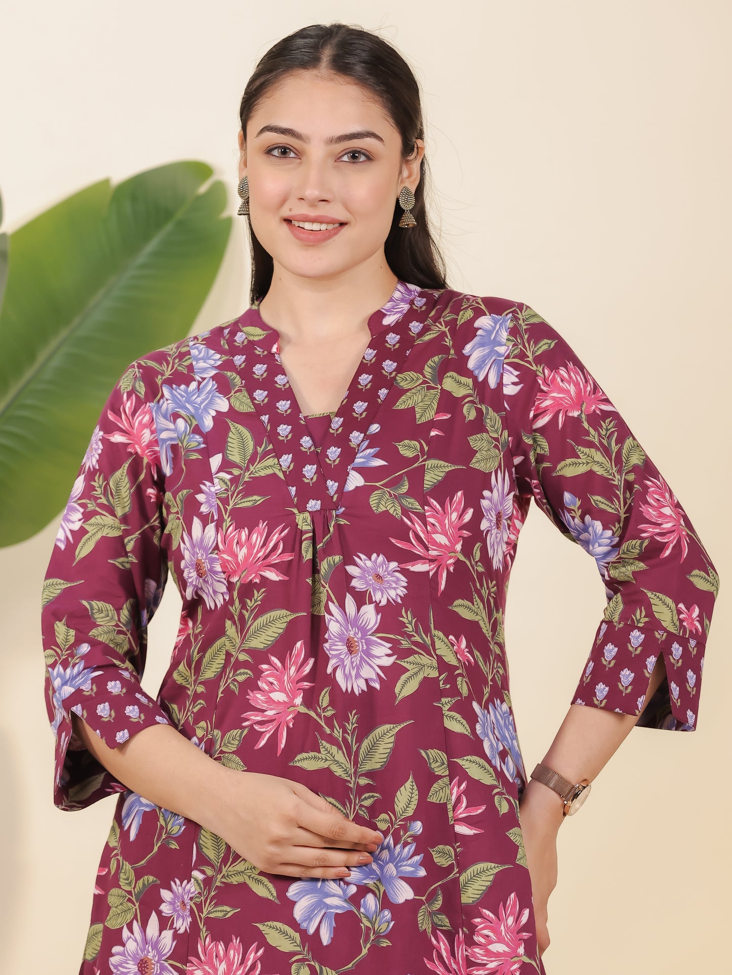 Soft Cotton Floral A-line Wine Kurta