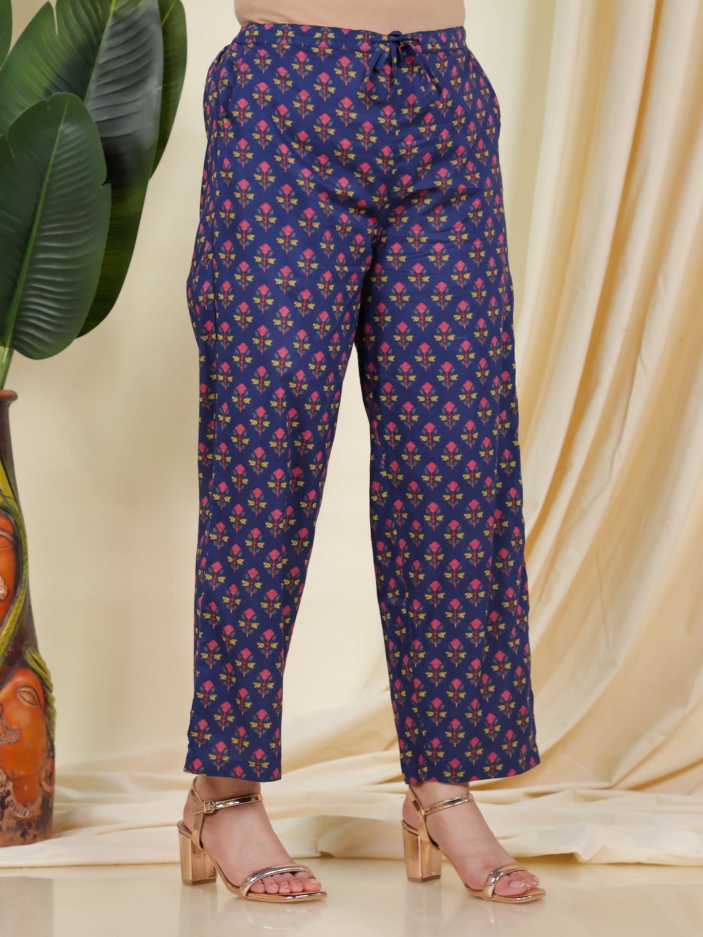 Soft Cotton Floral Blue Straight Trousers