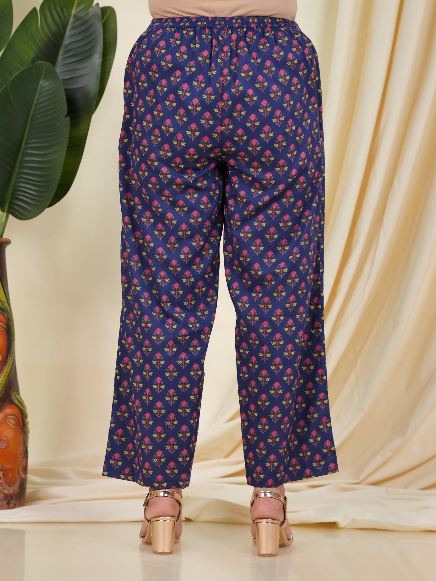 Soft Cotton Floral Blue Straight Trousers