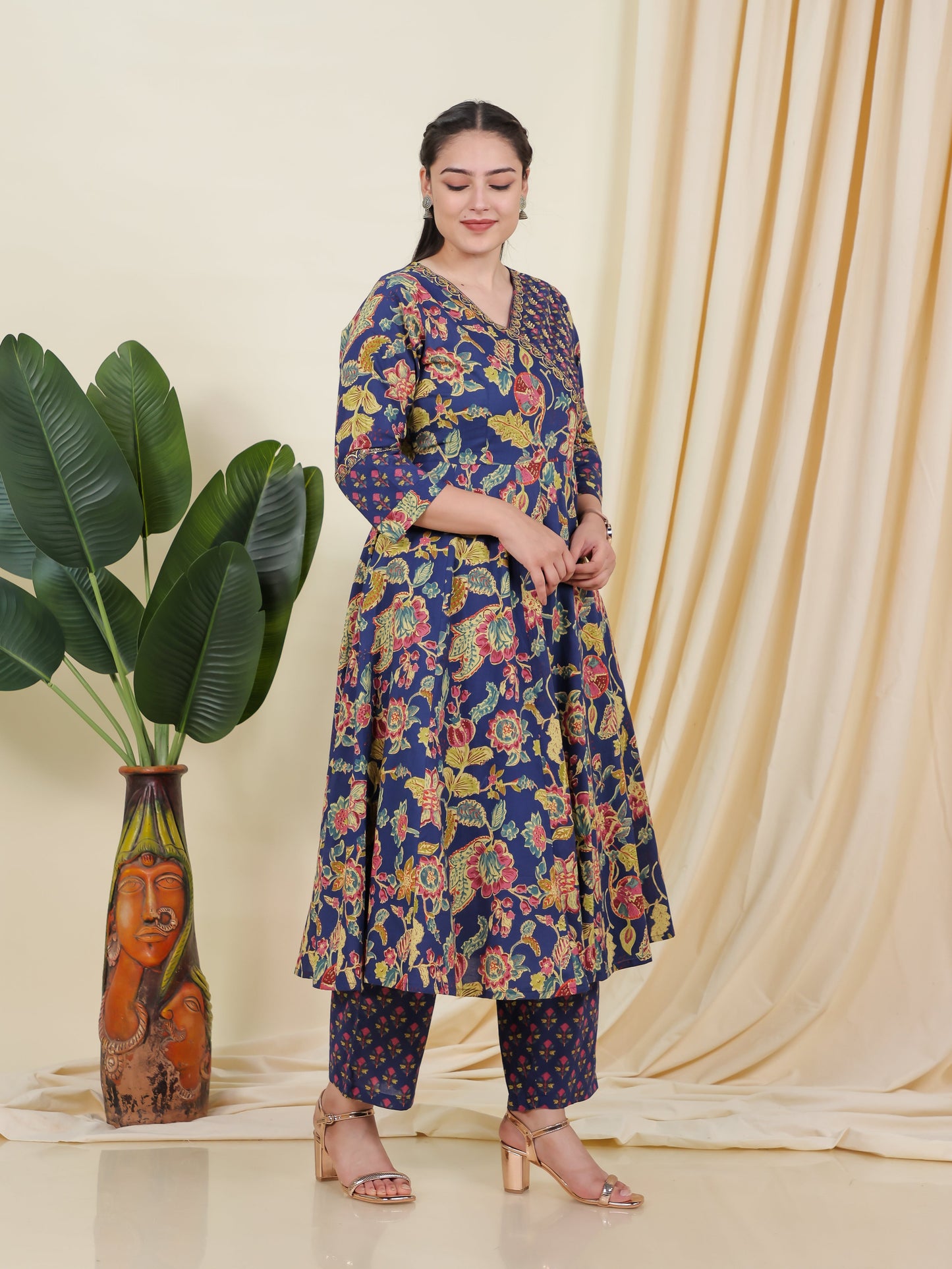 Embroidered Soft Cotton Floral Angrakha Blue Kurta