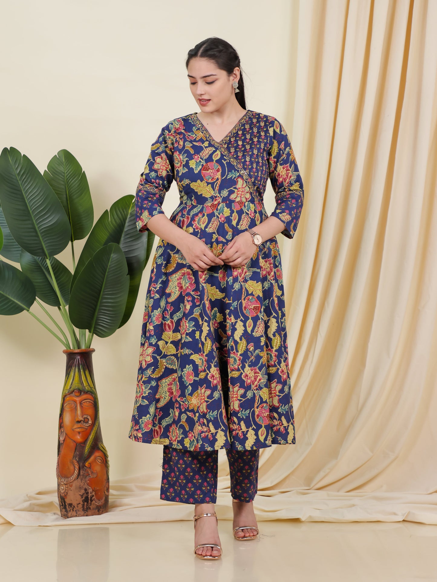 Embroidered Soft Cotton Floral Angrakha Blue Kurta