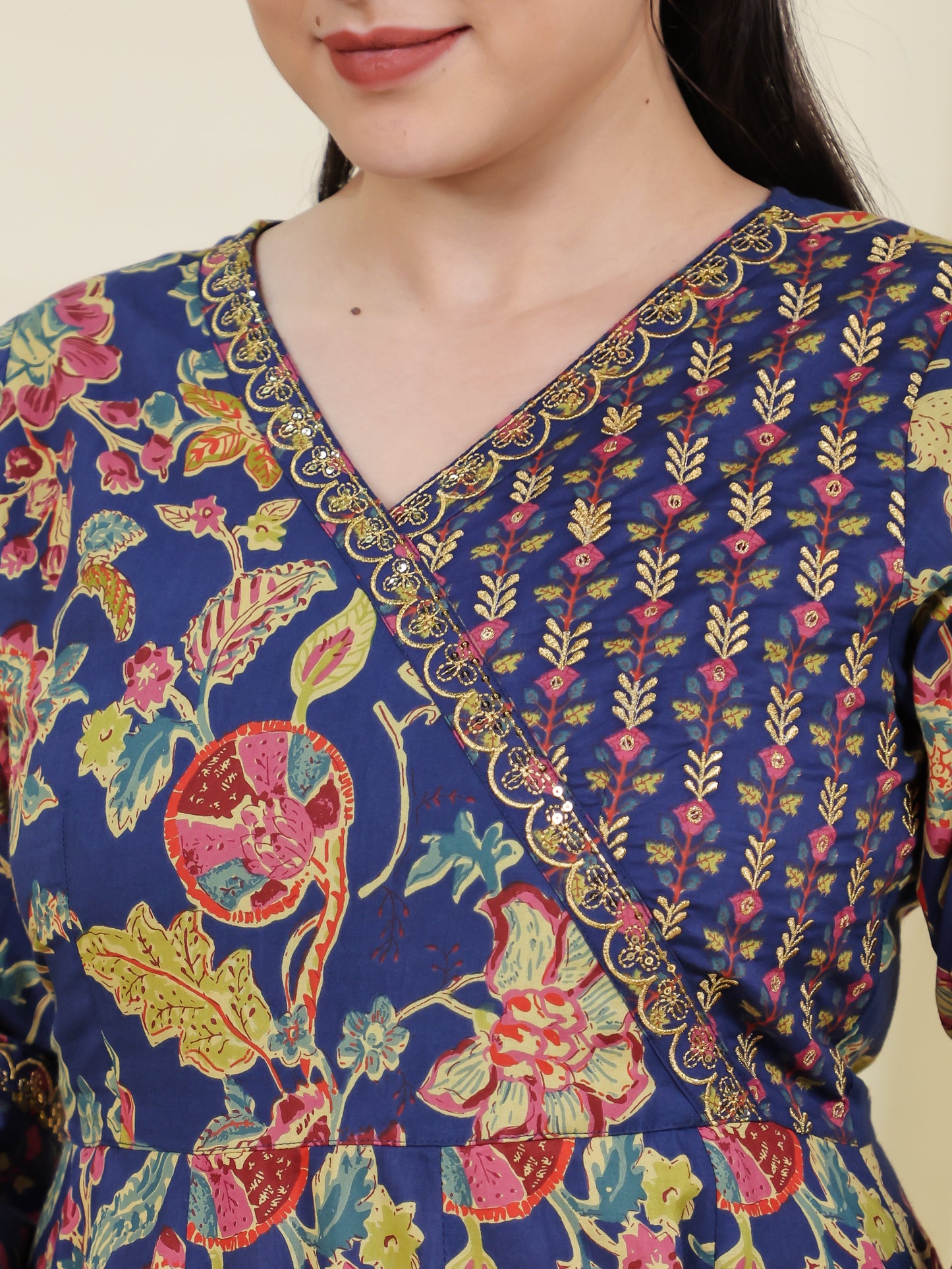 Embroidered Soft Cotton Floral Angrakha Blue Kurta