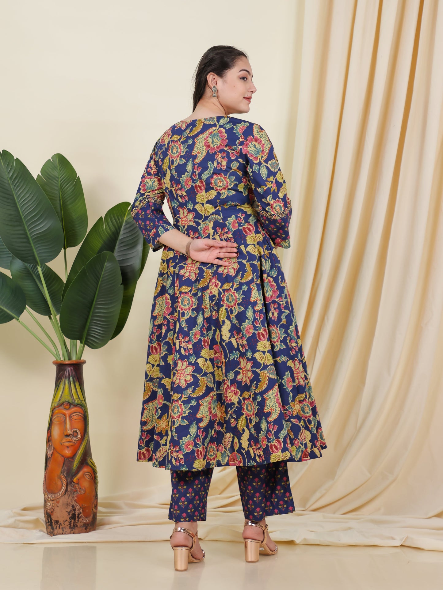 Embroidered Soft Cotton Floral Angrakha Blue Kurta