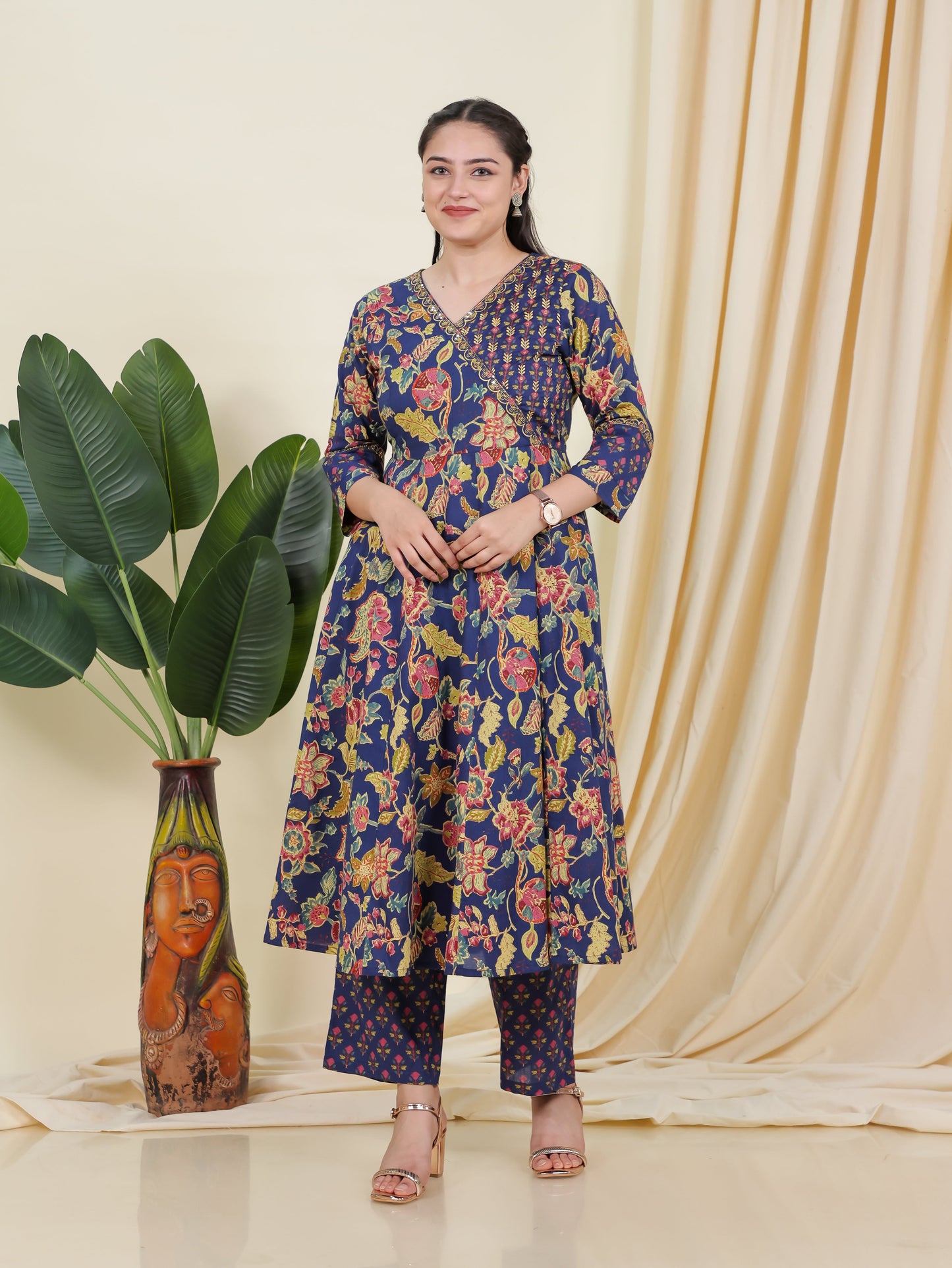 Embroidered Soft Cotton Floral Angrakha Blue Kurta