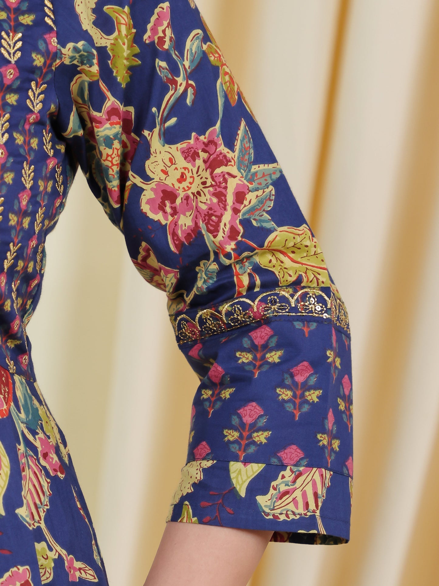 Embroidered Soft Cotton Floral Angrakha Blue Kurta