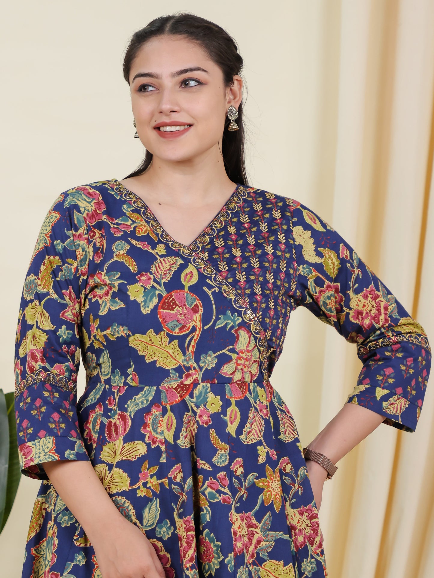 Embroidered Soft Cotton Floral Angrakha Blue Kurta