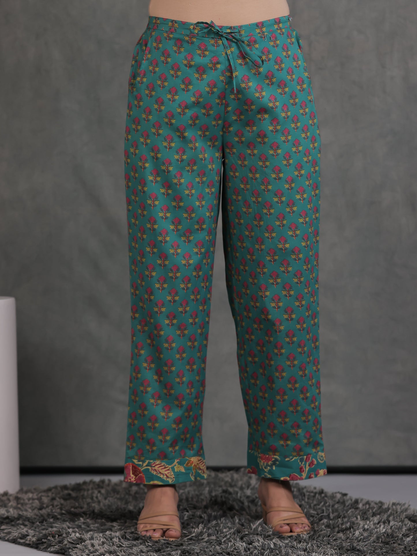 Soft Cotton Floral Green Straight Trousers