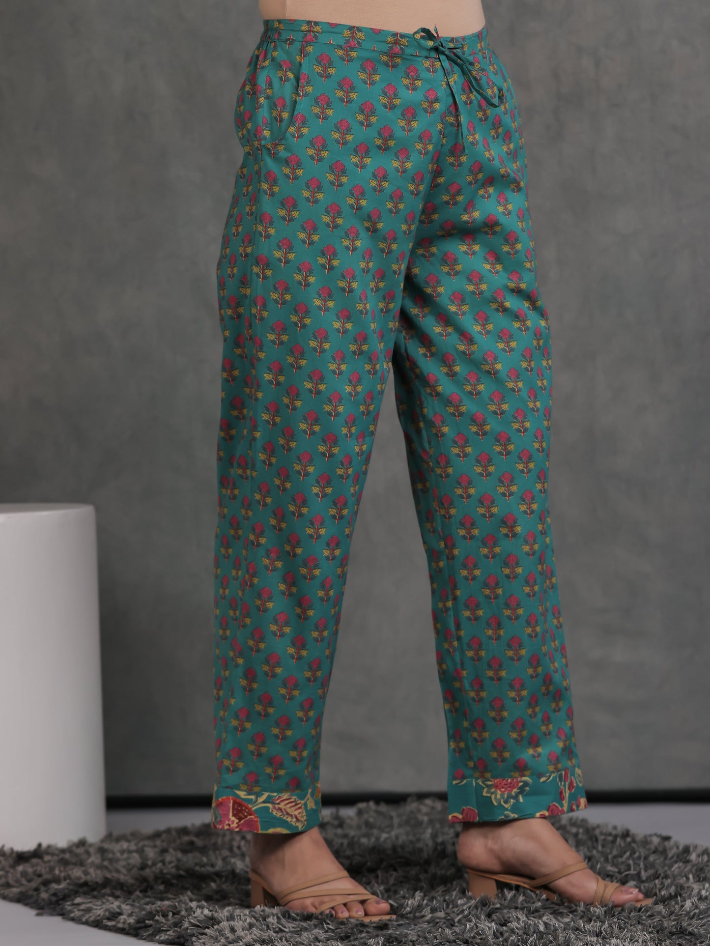 Soft Cotton Floral Green Straight Trousers