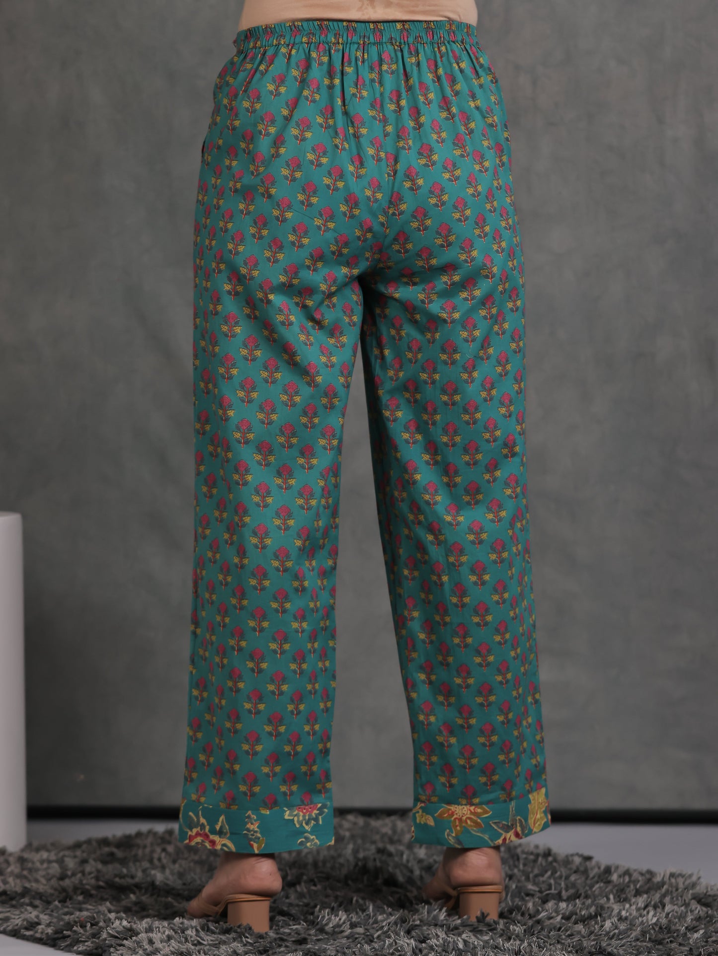 Soft Cotton Floral Green Straight Trousers