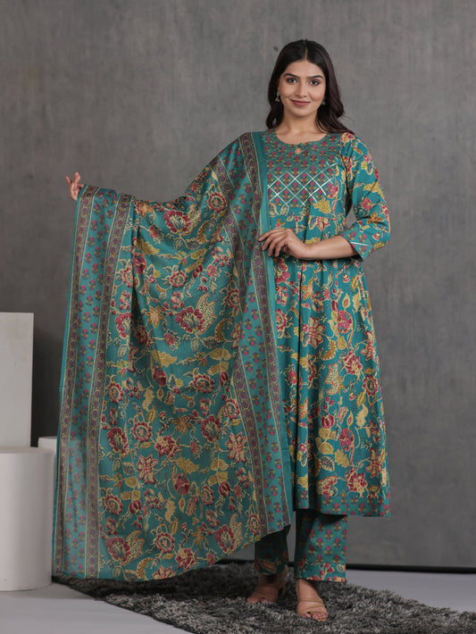 Cotton Voile Floral Green Dupatta
