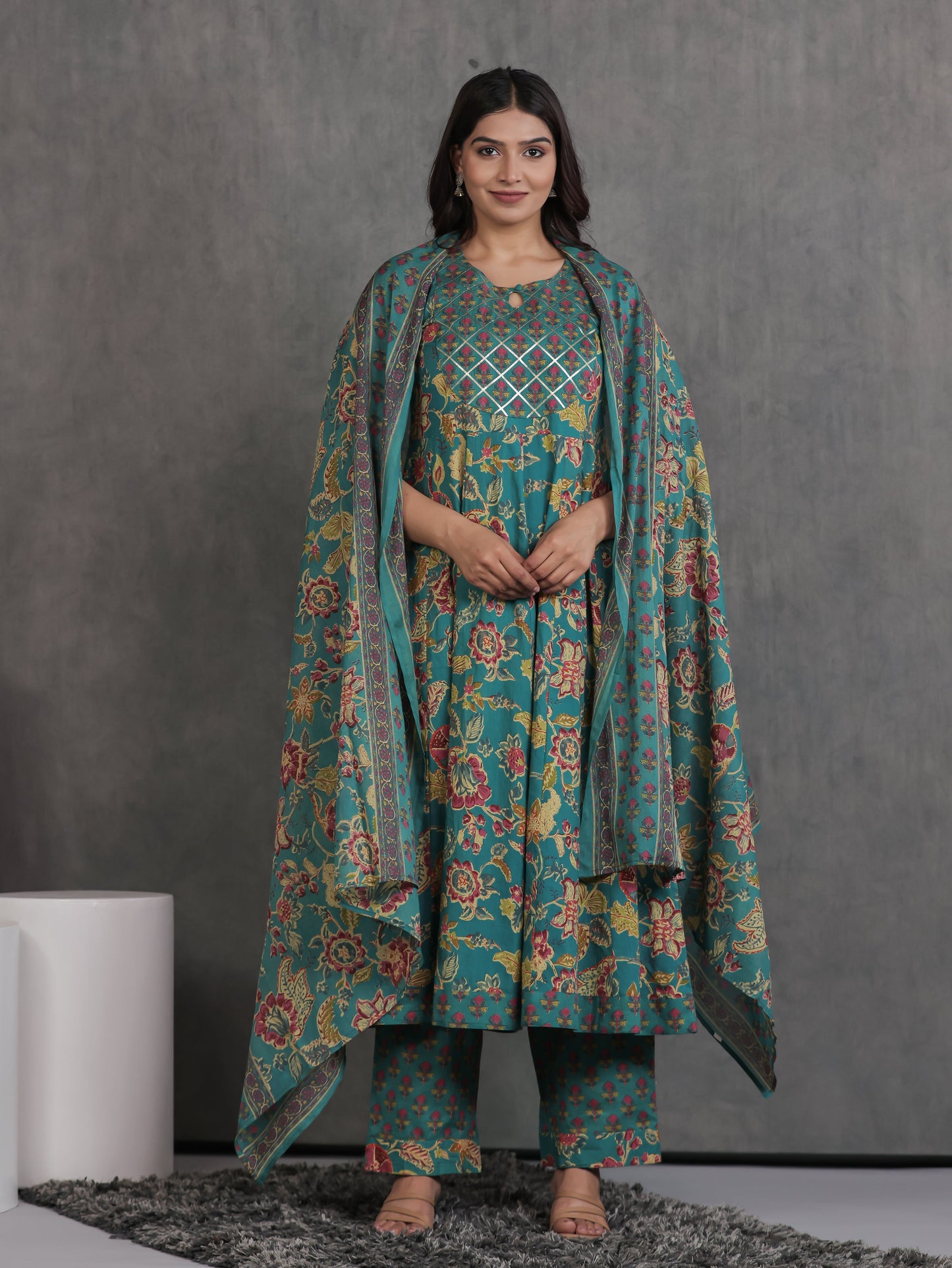 Cotton Voile Floral Green Dupatta