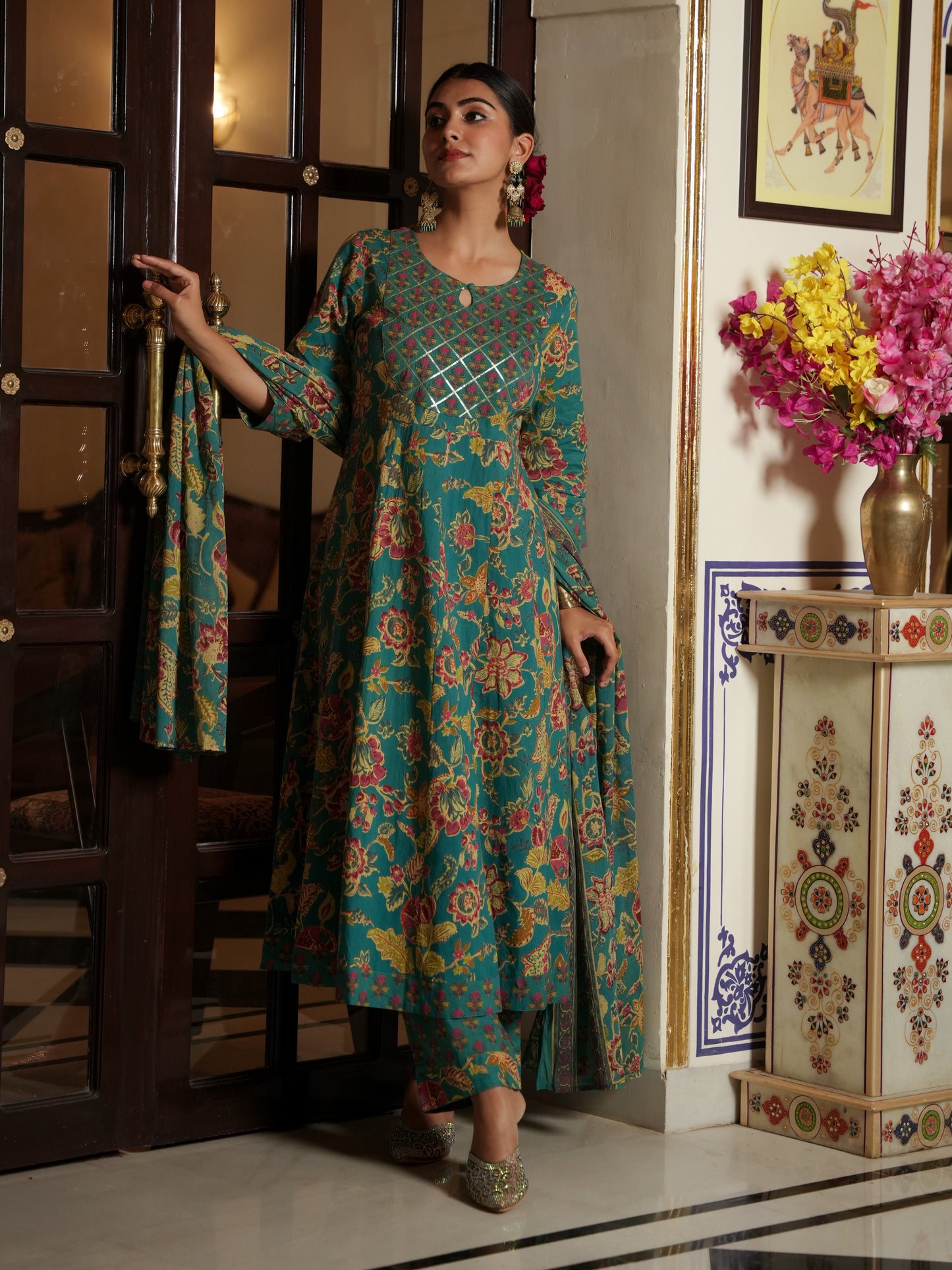 Embroidered Soft Cotton Floral Anarkali Green Kurta
