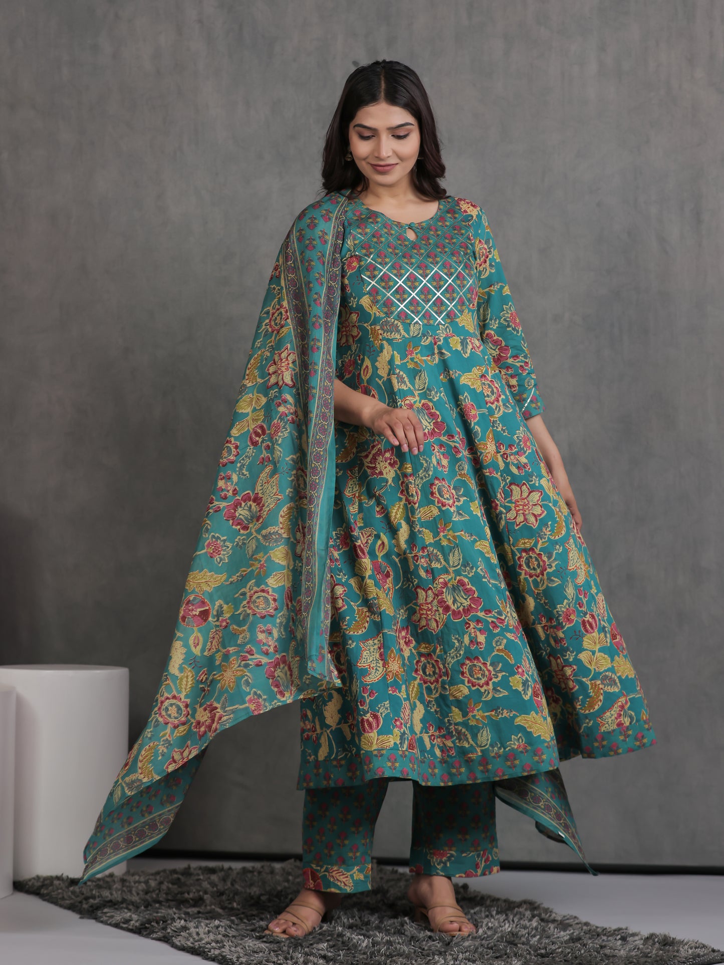 Embroidered Soft Cotton Floral Anarkali Green Kurta